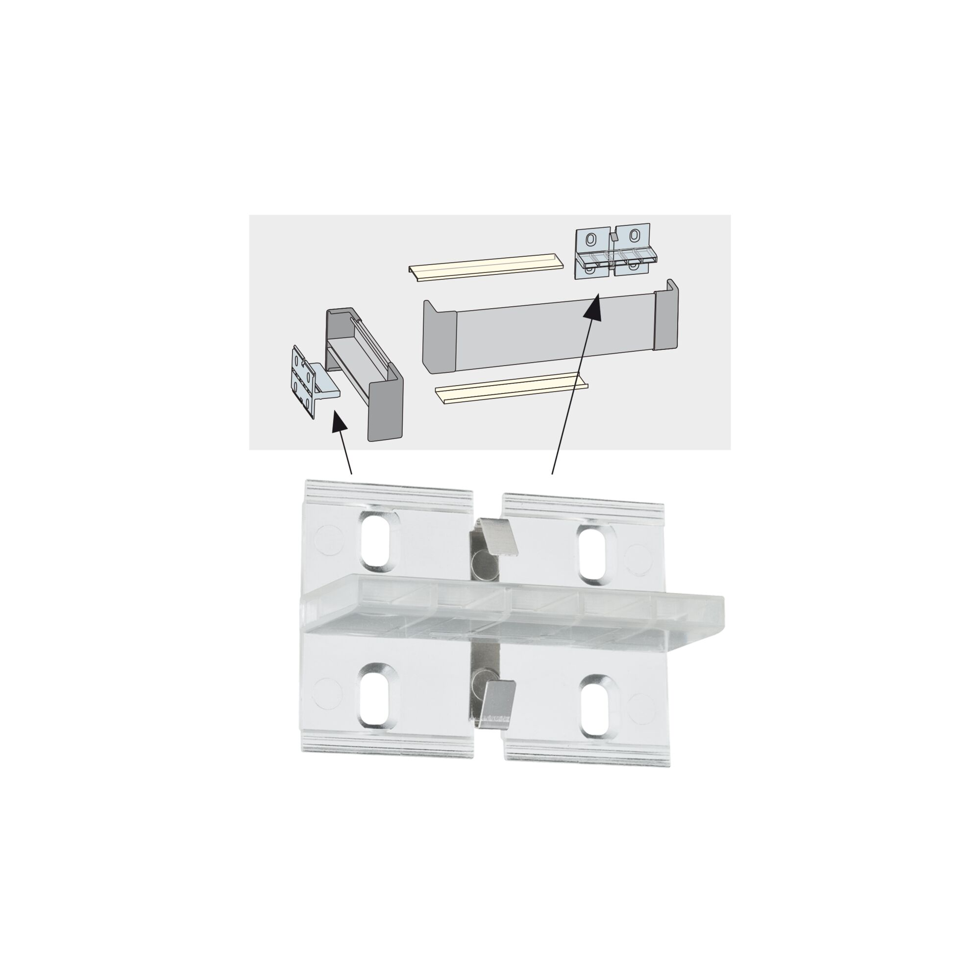 Obraz przedstawia przezroczysty plastikowy element prowadnicy szuflady obok kilku innych elementów metalowych.