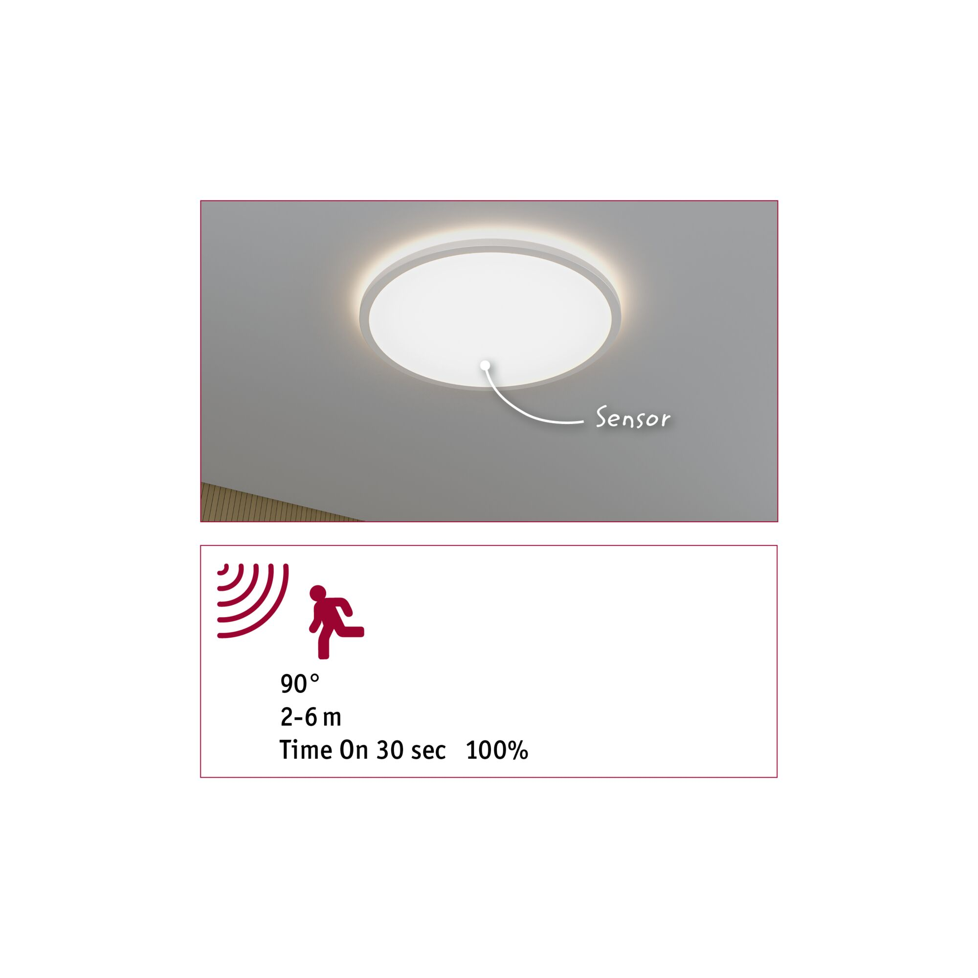Eine Deckenleuchte mit Bewegungssensor. Das Licht ist weiß und rund, mit beschriftetem Sensor. Ein Diagramm unten zeigt Parameter.