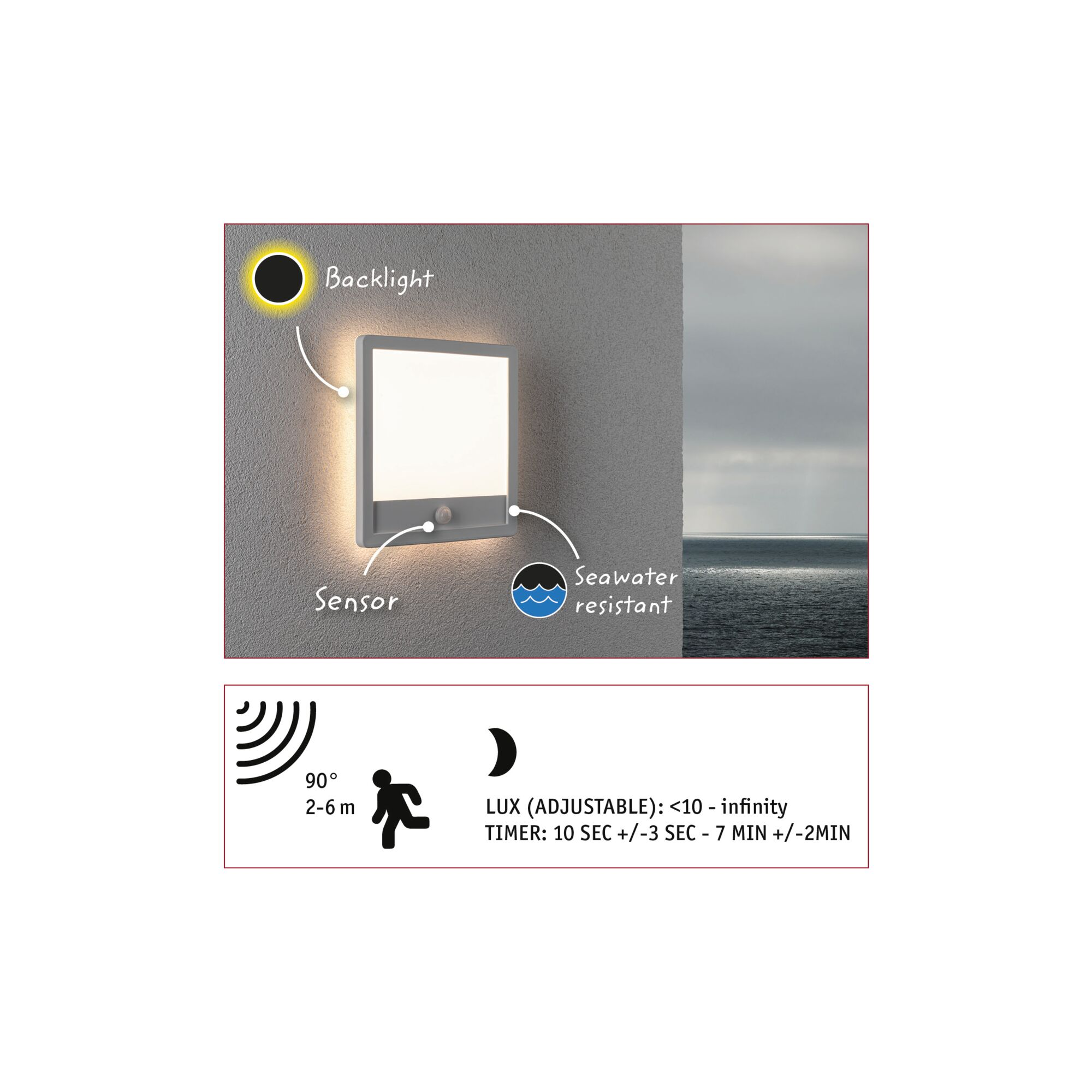 Lampa ścienna z czujnikiem i symbolem wodoodporności. Obraz zawiera specyfikacje, takie jak zasięg i ustawienia timera.