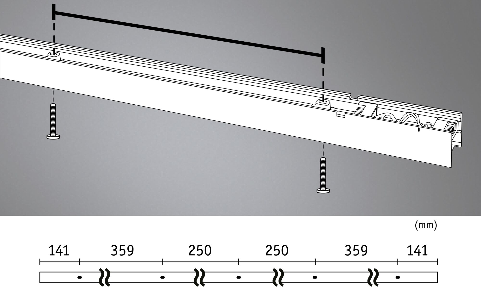 Schemat białej szyny z wymiarami. Pokazano dwie śruby. Wymiary: 141, 359, 250 (x2) mm.