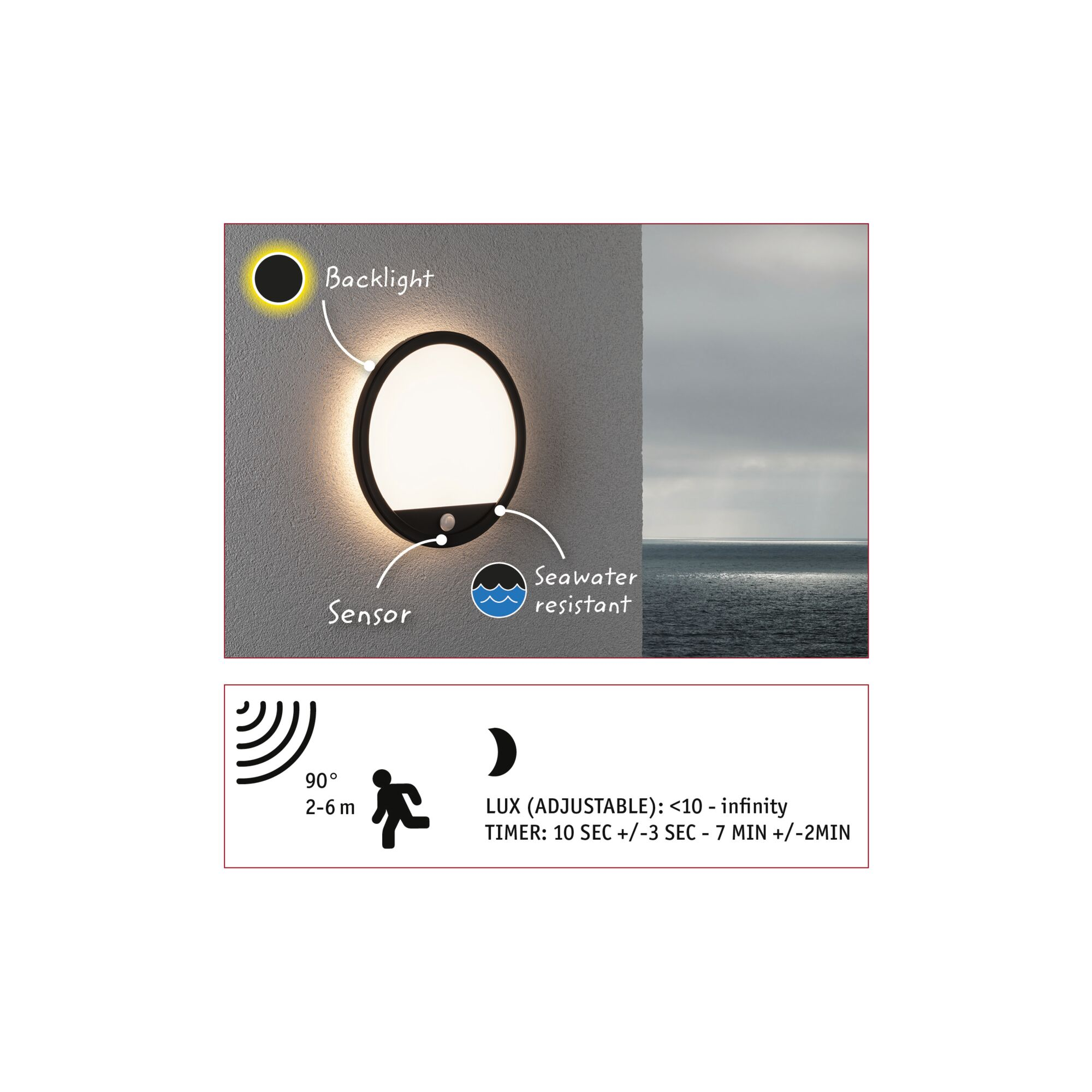 Okrągła oprawa oświetleniowa zewnętrzna z czujnikiem i podświetleniem, odporna na wodę morską. Zawiera specyfikacje oświetlenia i timera.