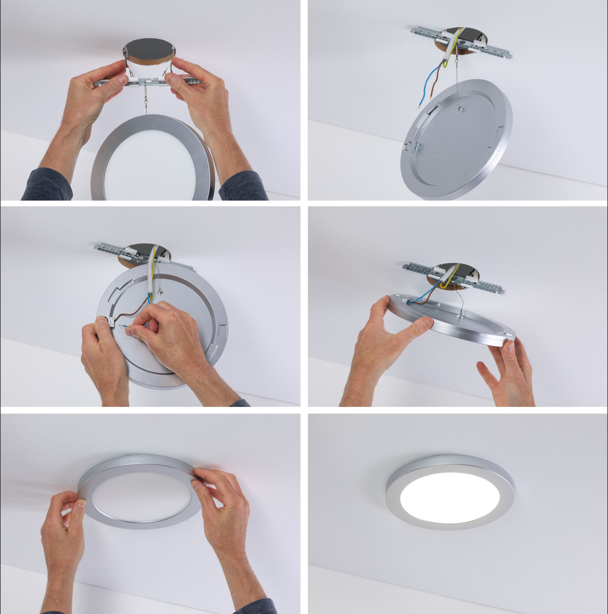 Kroki instalacji lampy sufitowej. Ręce montują oprawę, podłączają przewody i montują ją na suficie.
