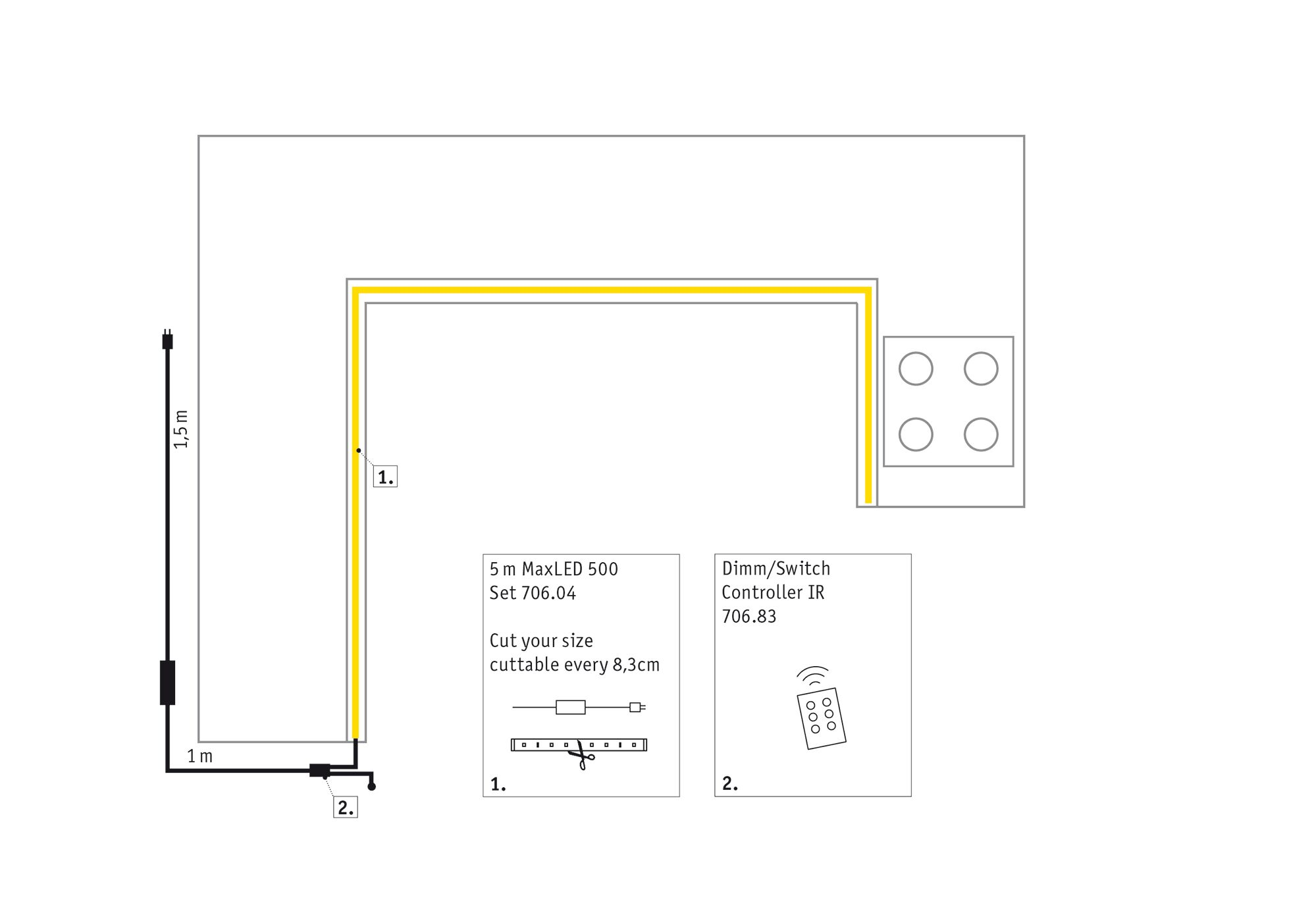 Schemat kuchni z żółtymi paskami LED. Zawiera wymiary, pilota i specyfikacje produktu dla oświetlenia.