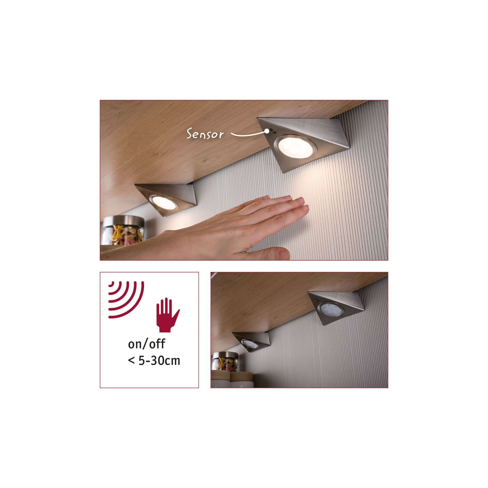 Hand in der Nähe von Sensorleuchten. Lichter werden durch Handgesten ein-/ausgeschaltet. Holzoberfläche. Graue Wand. Gläser mit Essen sichtbar.
