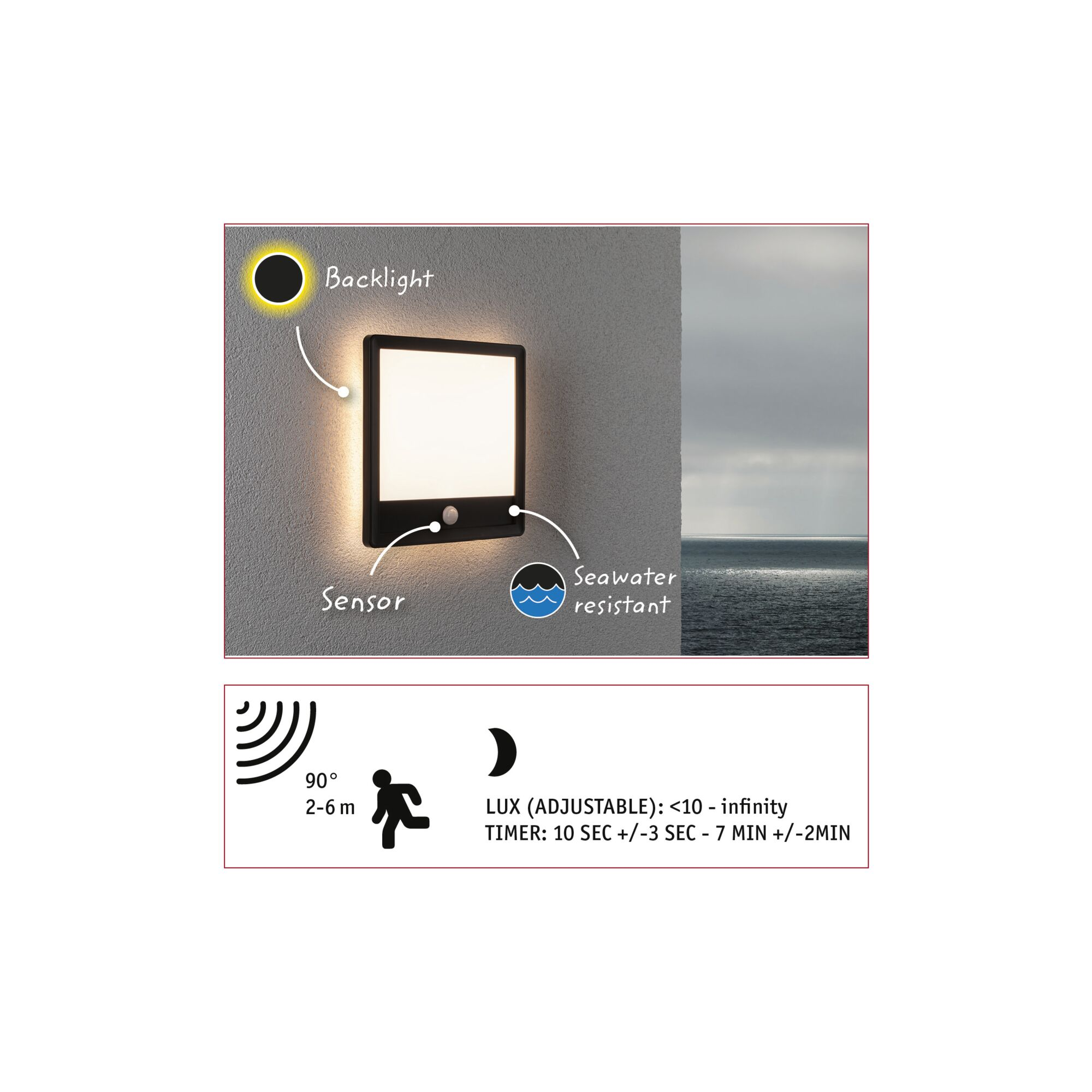 Obraz oprawy oświetleniowej montowanej na ścianie z etykietami: podświetlenie, czujnik i odporność na wodę morską. Również specyfikacje światła.