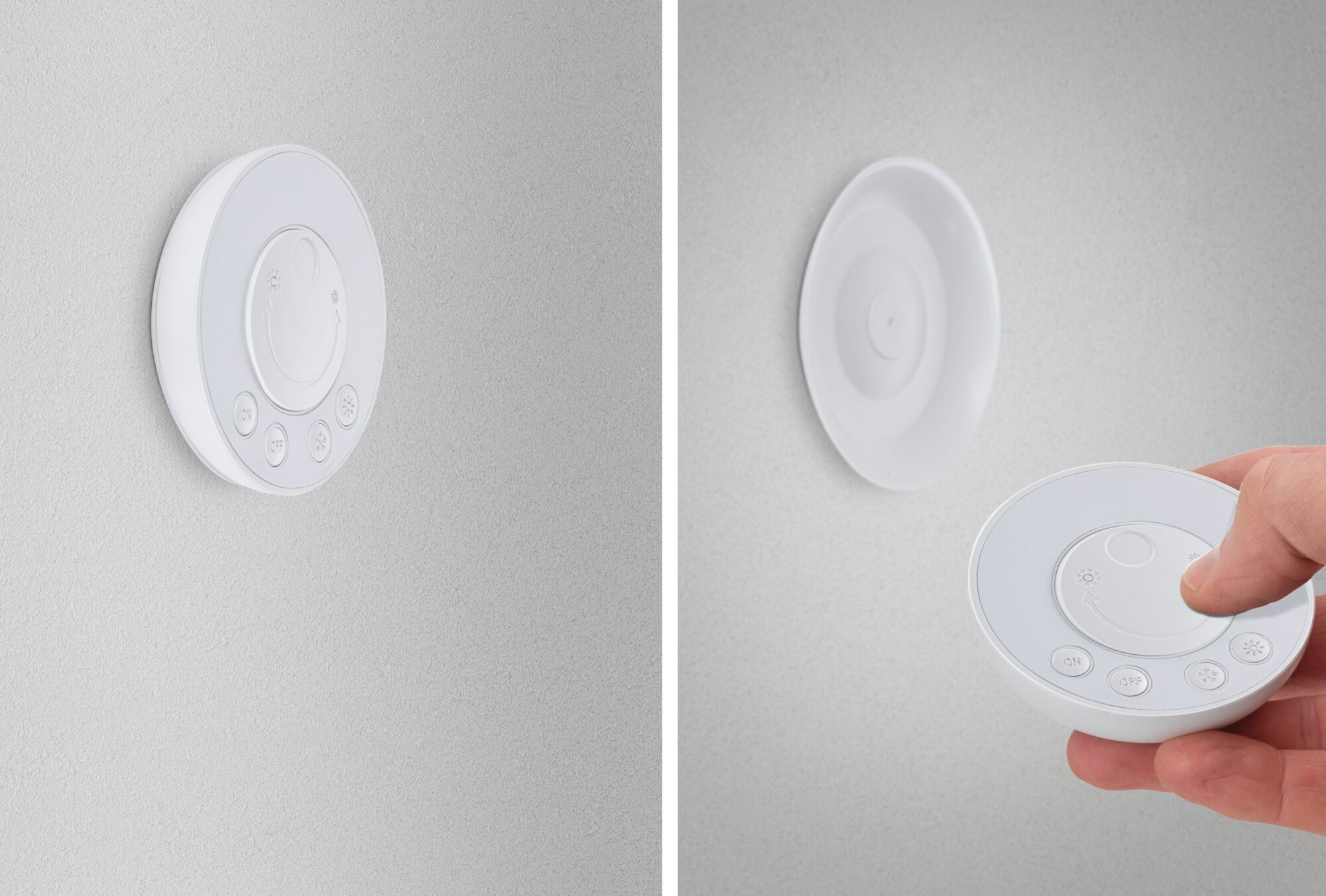 Eine weiße Smart-Home-Fernbedienung. An der Wand befindet sich ein rundes Gerät. Hand, die die Fernbedienung in der Nähe des Wandempfängers hält. Knöpfe und Zifferblatt sind sichtbar.