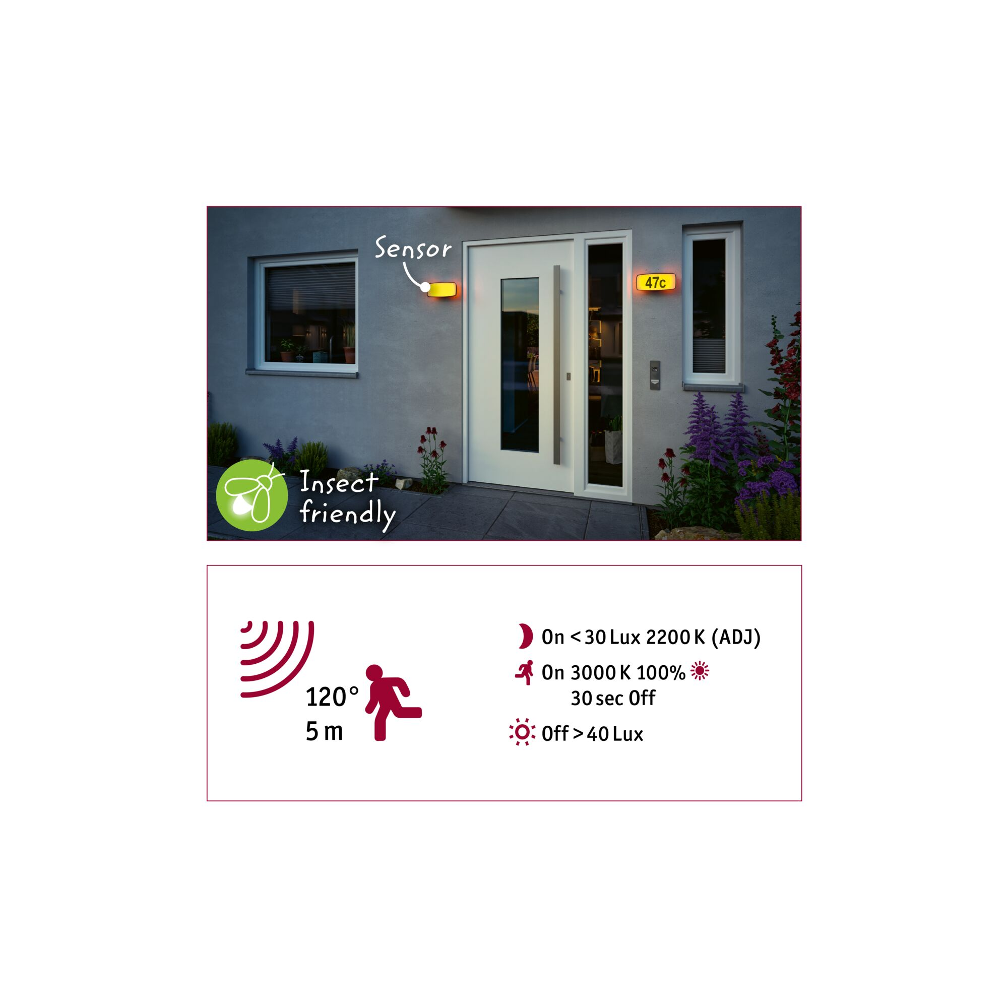 Ein Hauseingang mit Sensorlicht. Eine Tür, Fenster und die Nummer 47c sind sichtbar. Textdetails zu den Lichteinstellungen.