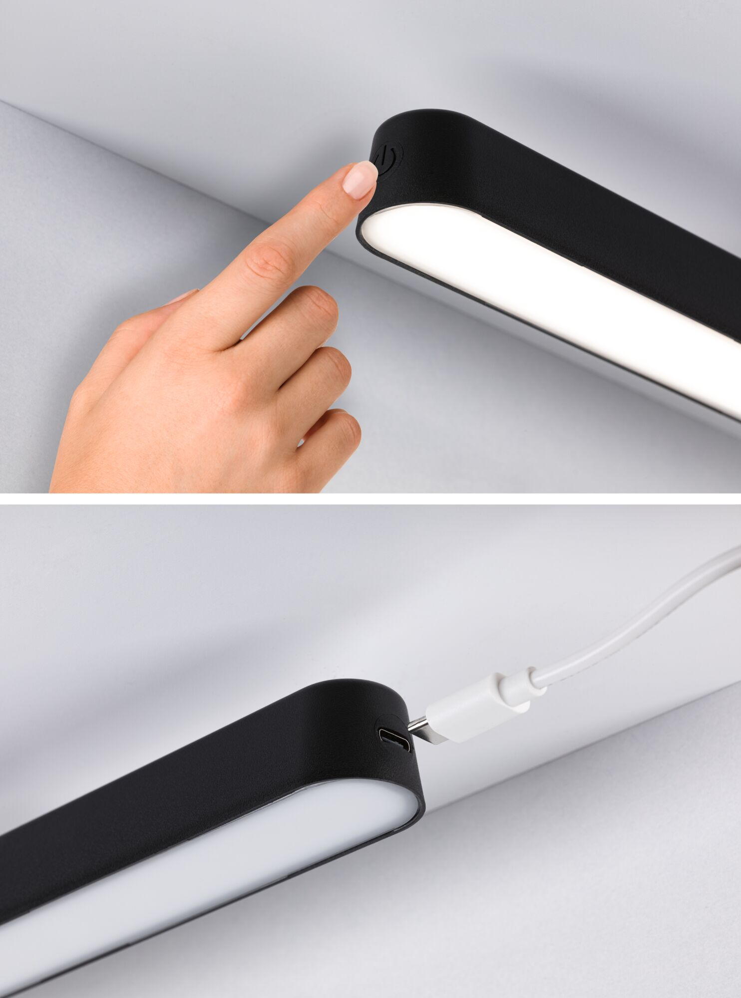 Ein Finger berührt den Ein-Aus-Schalter eines schwarzen Lichts. Ein weißes USB-Kabel ist mit dem Licht verbunden.