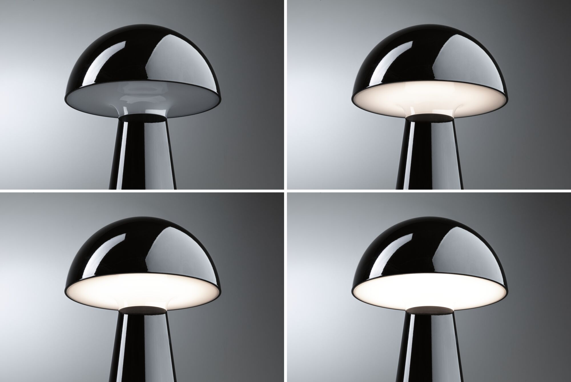 Cztery ujęcia czarnej lampy w kształcie grzyba. Lampa ma błyszczące wykończenie, z białym wnętrzem klosza. Światło jest włączone w niektórych.