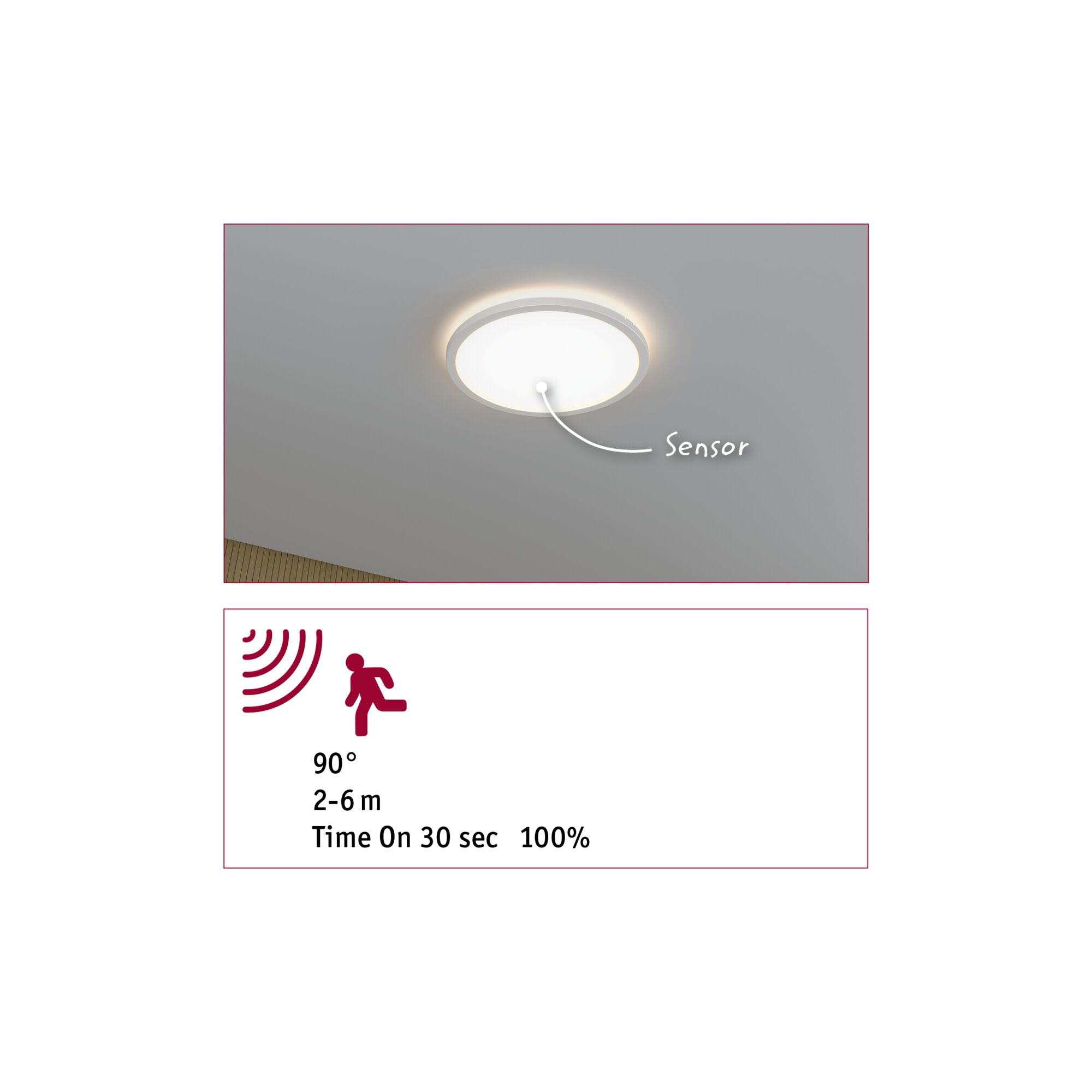 Eine Deckenleuchte mit Sensor wird gezeigt. Darunter befinden sich Symbole für den Erfassungsbereich und die Zeiteinstellungen.