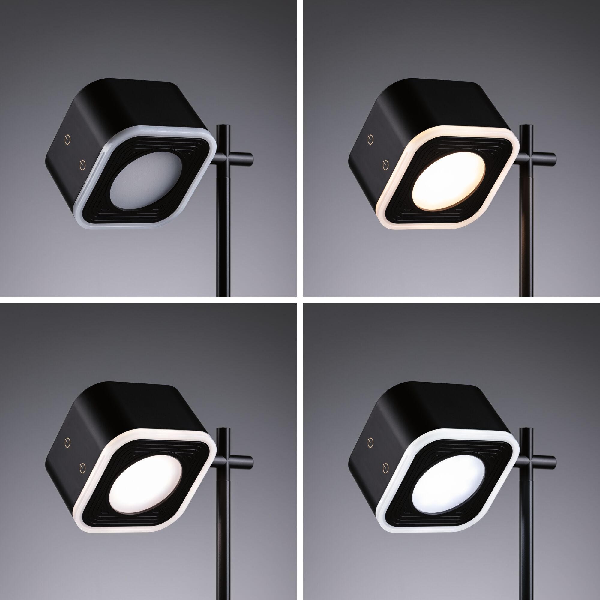 Cztery czarne lampy z białymi obwódkami i świecącymi środkami, zamontowane na czarnych słupach, na szarym tle.