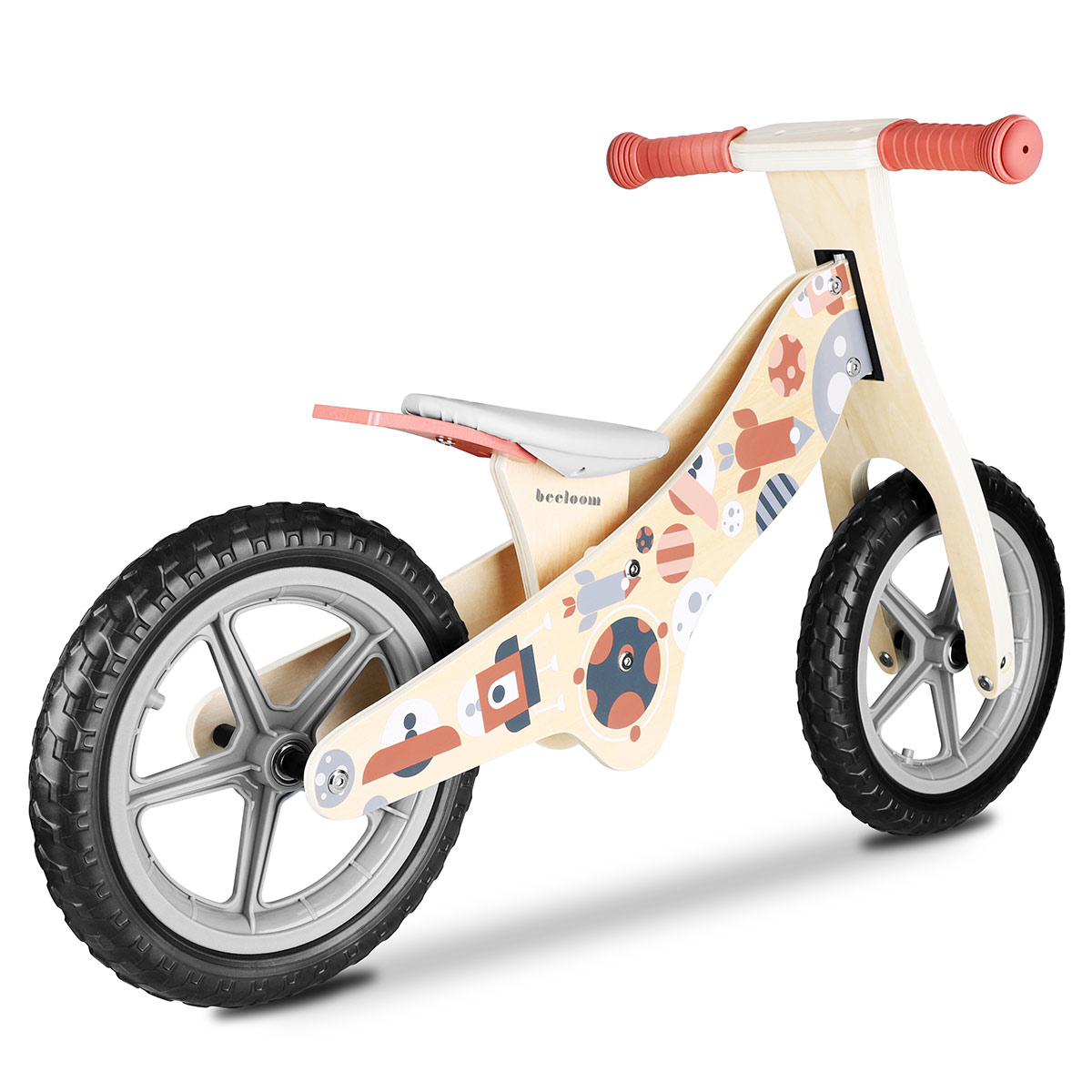 Una bicicleta de equilibrio de madera con manijas y soporte de asiento rojos, decorada con ilustraciones espaciales, sobre fondo blanco.