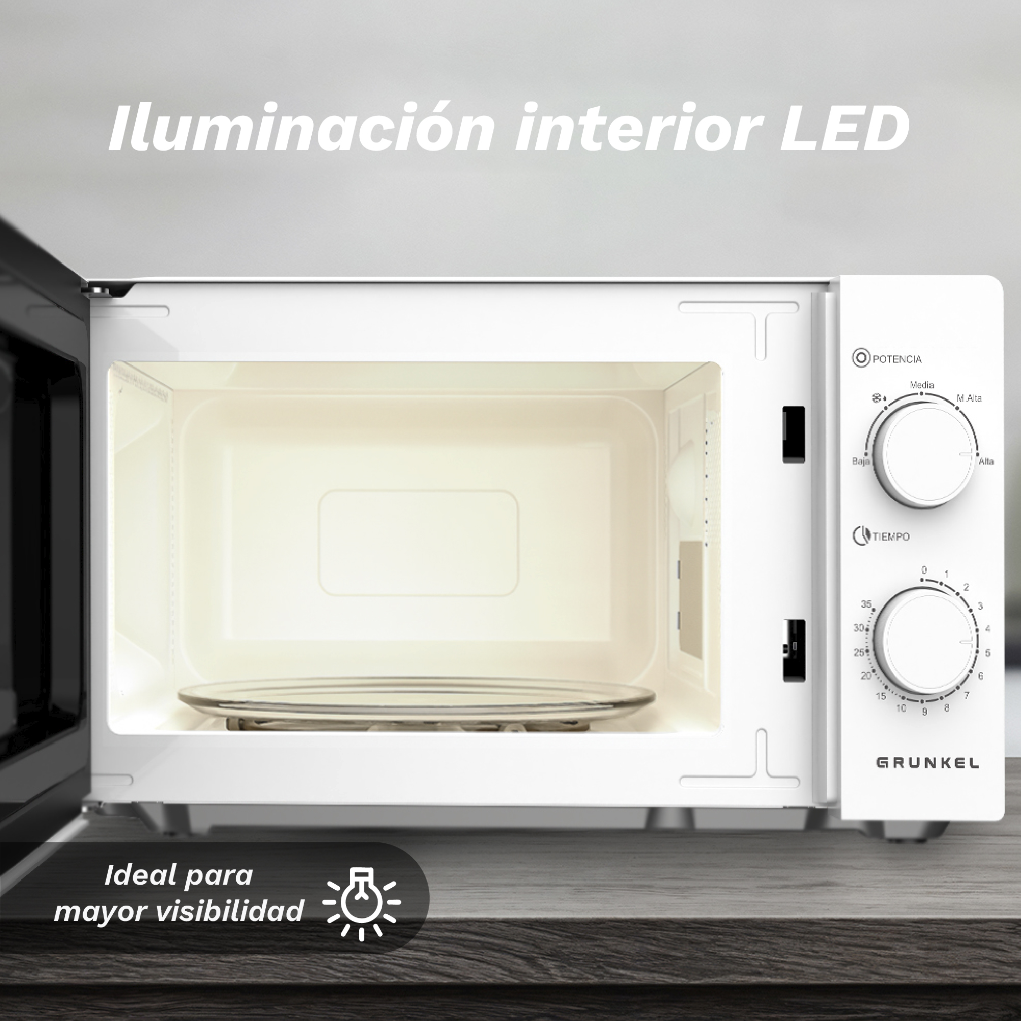 Un microondas blanco con la puerta abierta. Se ven controles, un plato de vidrio y el interior. El texto dice 'Iluminación LED interior'.