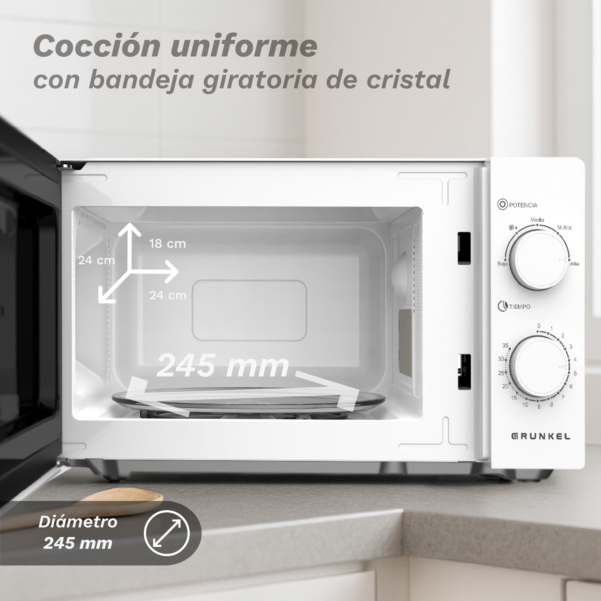 Microondas blanco. Dimensiones internas etiquetadas. Controles a la derecha. Bandeja de vidrio, 245 mm.