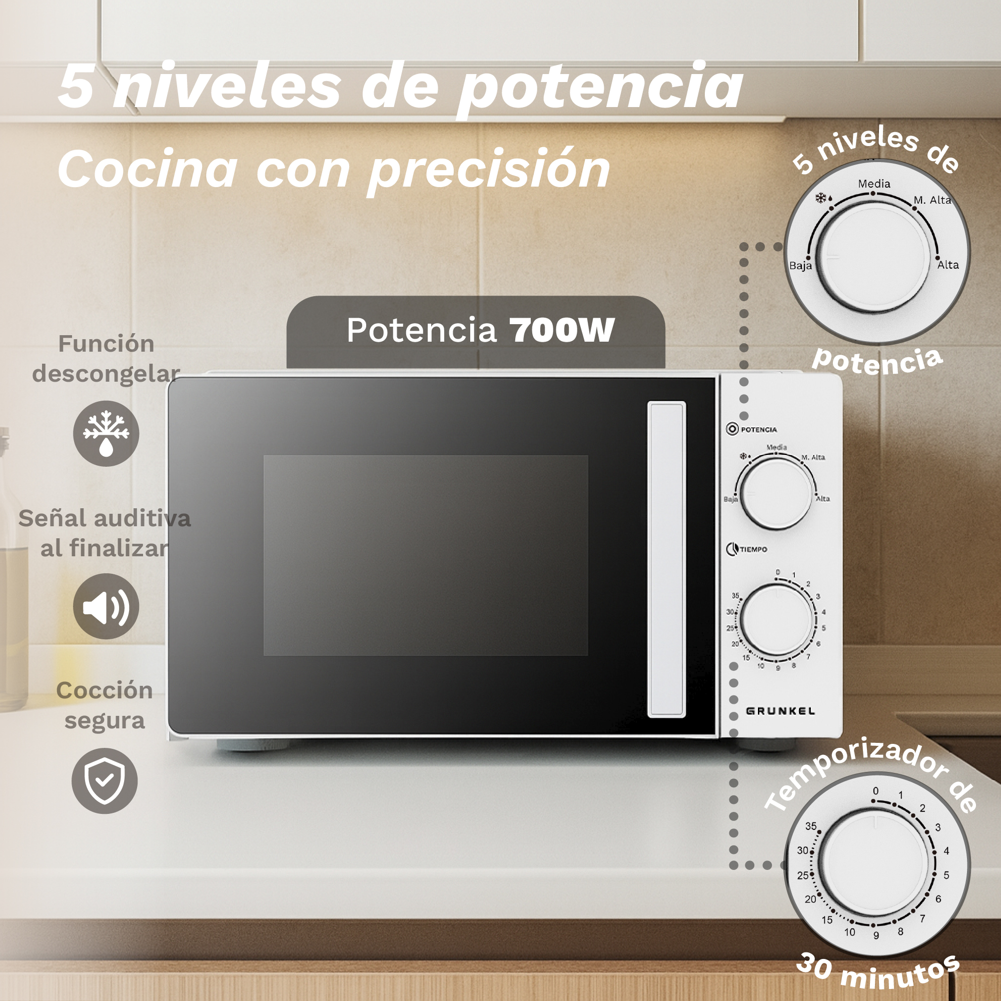 Un horno microondas con ajustes de potencia y temporizador. Tiene una puerta negra y controles blancos. Texto: 'Potencia 700W'.
