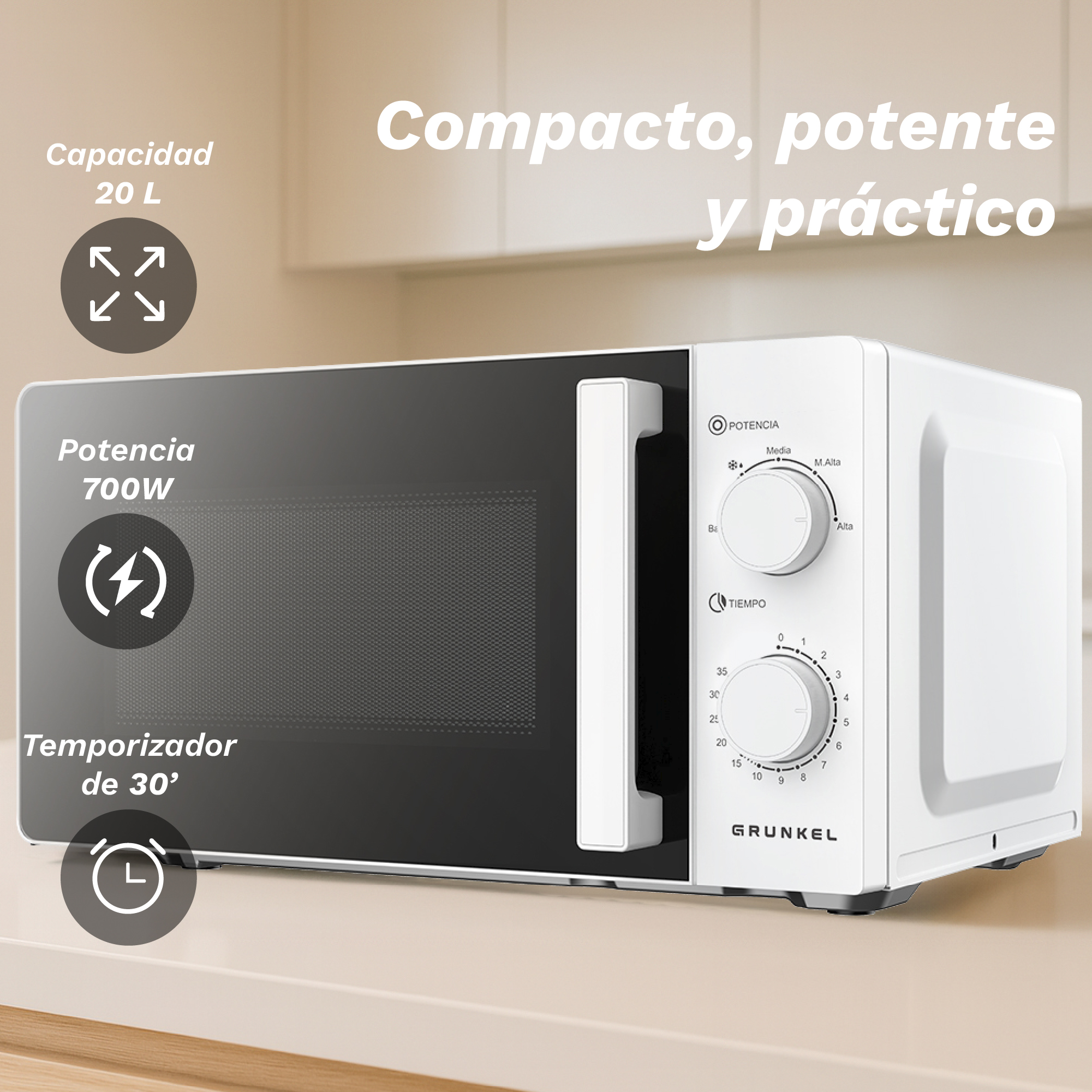 Un horno microondas blanco y negro sobre una encimera de cocina. Tiene un panel de control con diales y botones, y un asa.