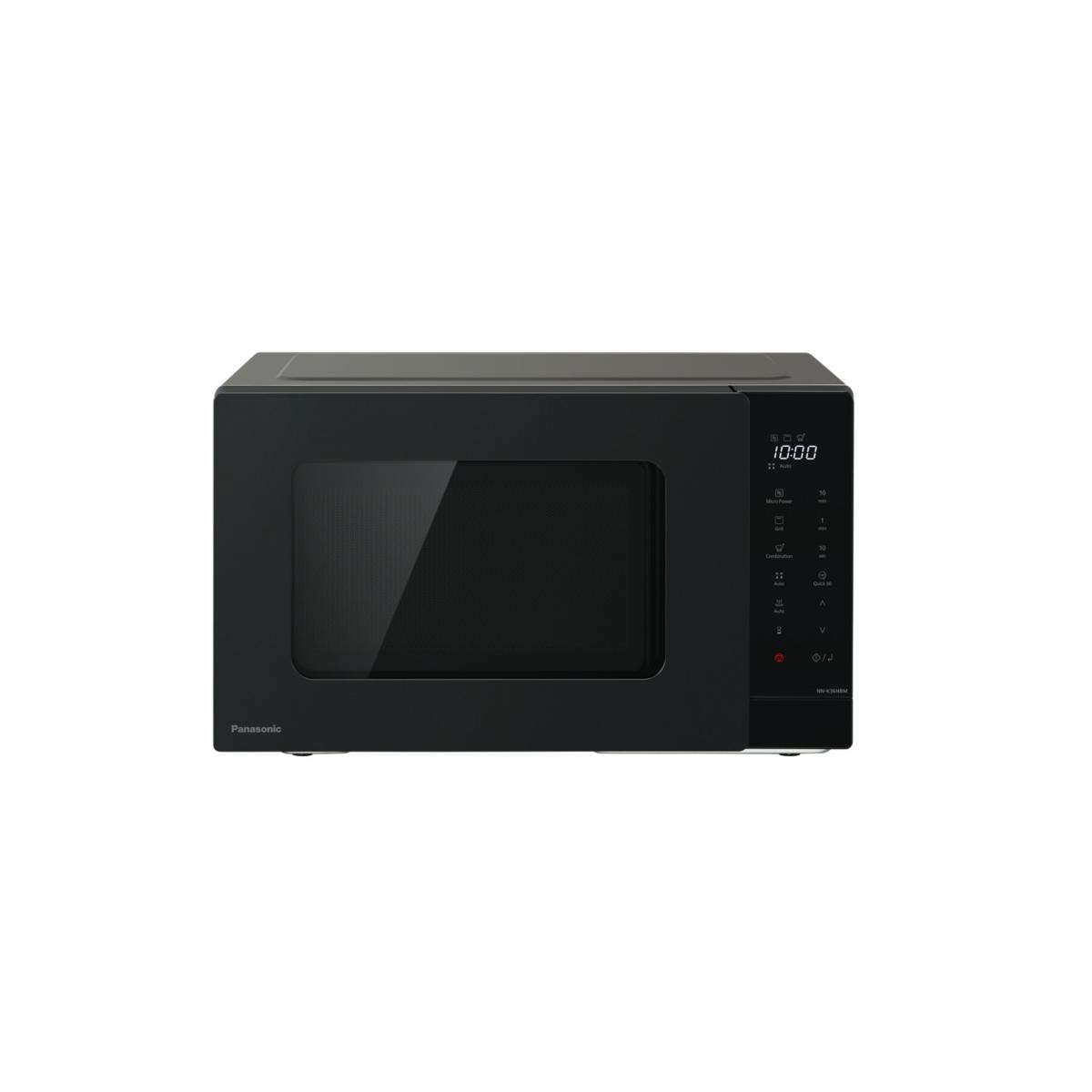 Un horno microondas Panasonic negro. Tiene una pantalla digital que muestra 10:00. El panel de control tiene opciones y botones de cocción.