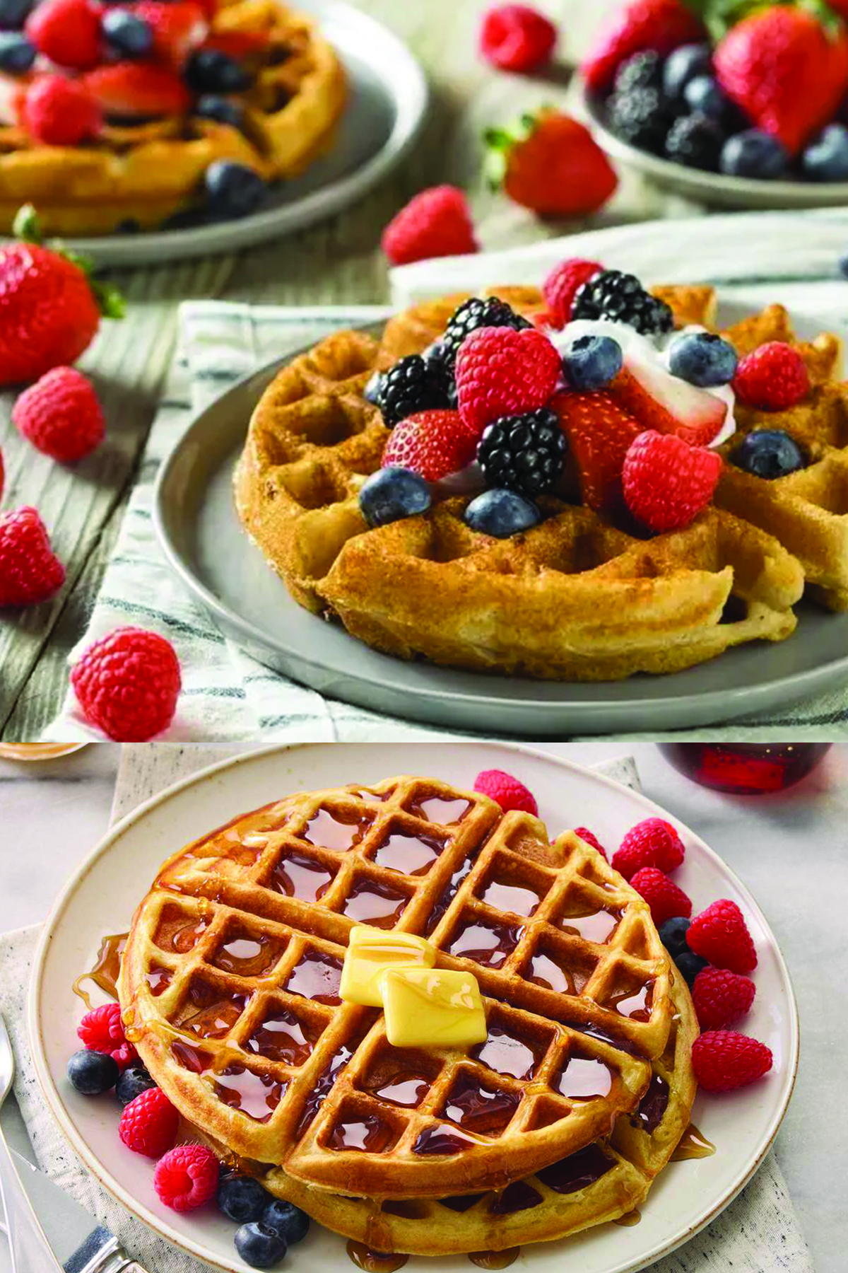 Şurup ve tereyağı ile, ayrıca meyvelerle kaplı waffle. Ahududu, böğürtlen ve yaban mersini ile bir waffle.