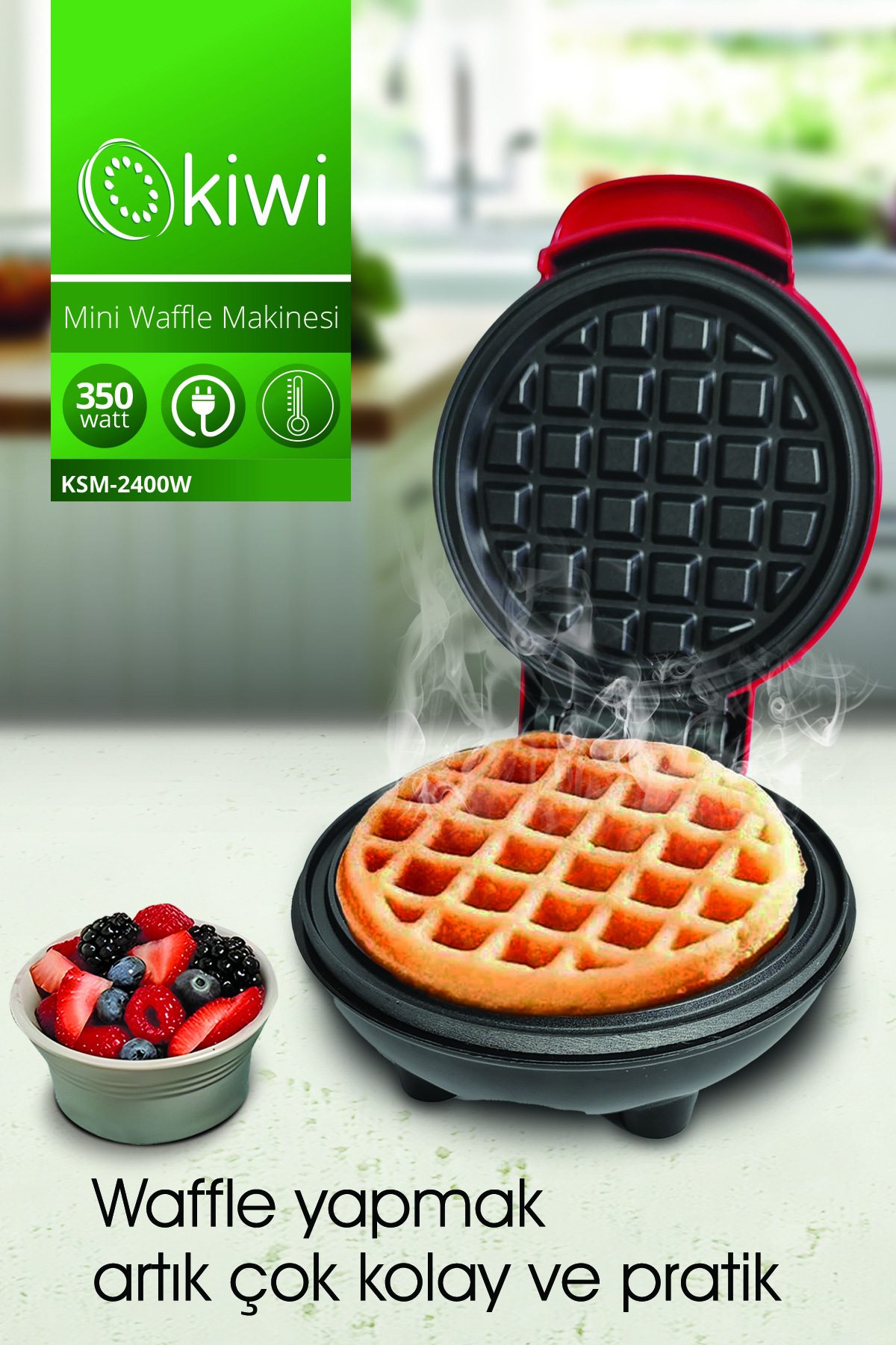 İçinde pişmiş bir waffle bulunan bir waffle makinesi, bir kase çilek ve bir Kiwi logosu.