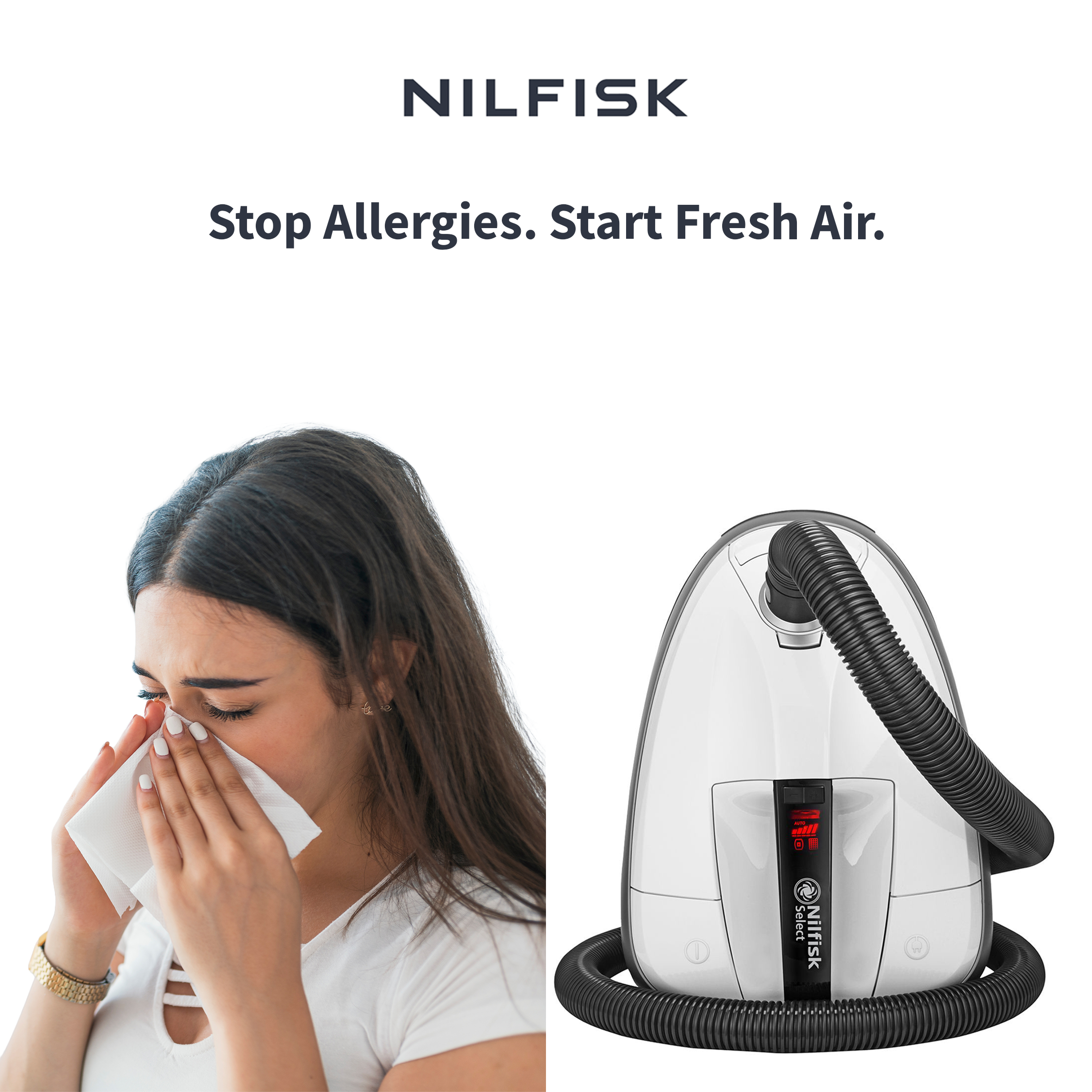 Kobieta kicha z chusteczką w pobliżu białego odkurzacza. Tekst 'Stop Allergies. Start Fresh Air.' jest powyżej.