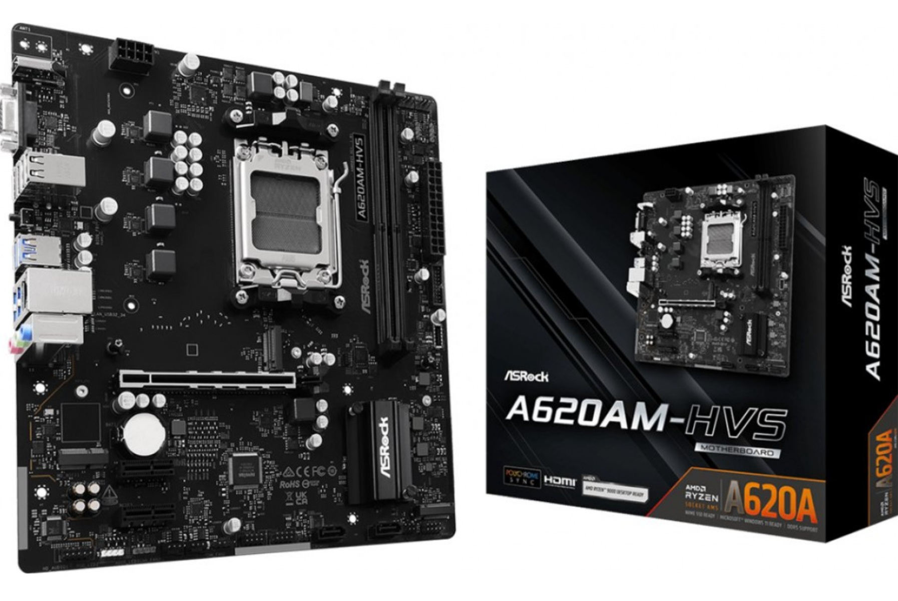 Czarna płyta główna ASRock A620AM-HVS i jej pudełko na białym tle. Na pudełku znajduje się obraz płyty głównej.