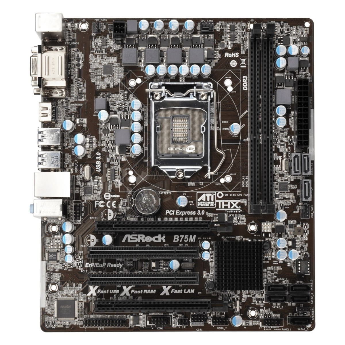 Una scheda madre di computer con vari componenti, tra cui un socket CPU, slot di espansione e numerosi connettori.