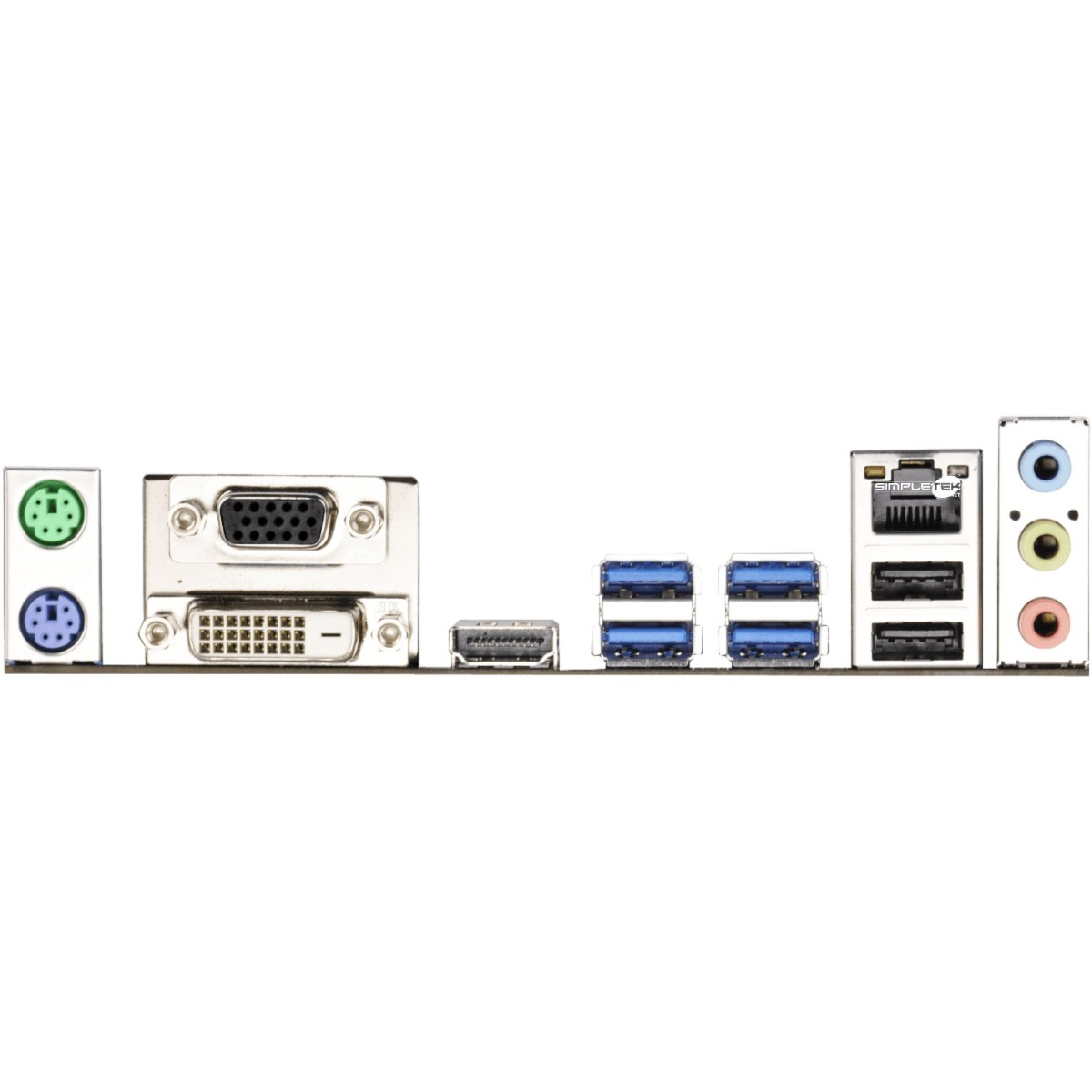 Pannello posteriore di una scheda madre. Include varie porte: DVI, VGA, USB, jack audio, porta ethernet e porte PS/2.