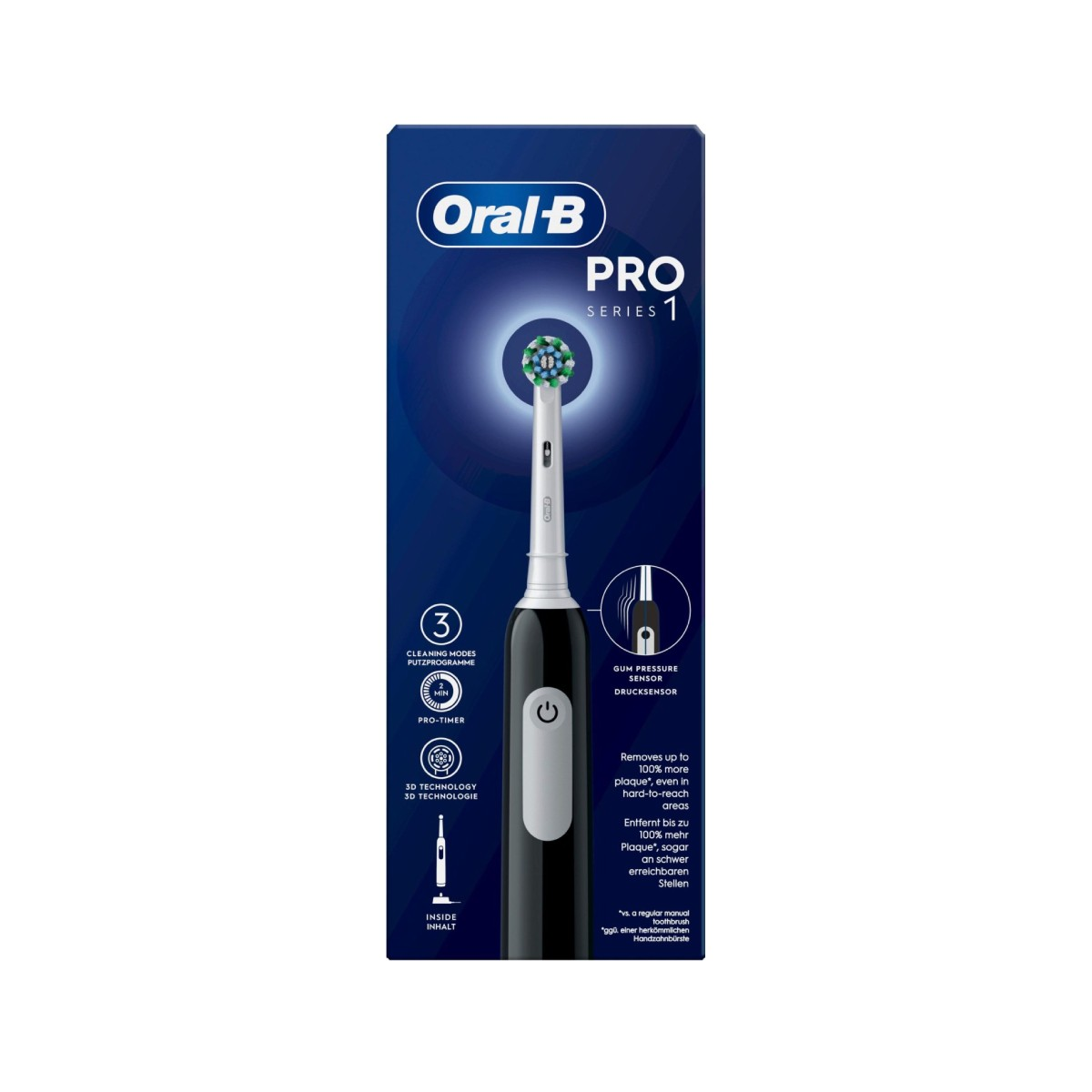 Elektryczna szczoteczka do zębów Oral-B Pro Series 1 w opakowaniu. Szczoteczka jest czarno-biała z niebiesko-zieloną główką.