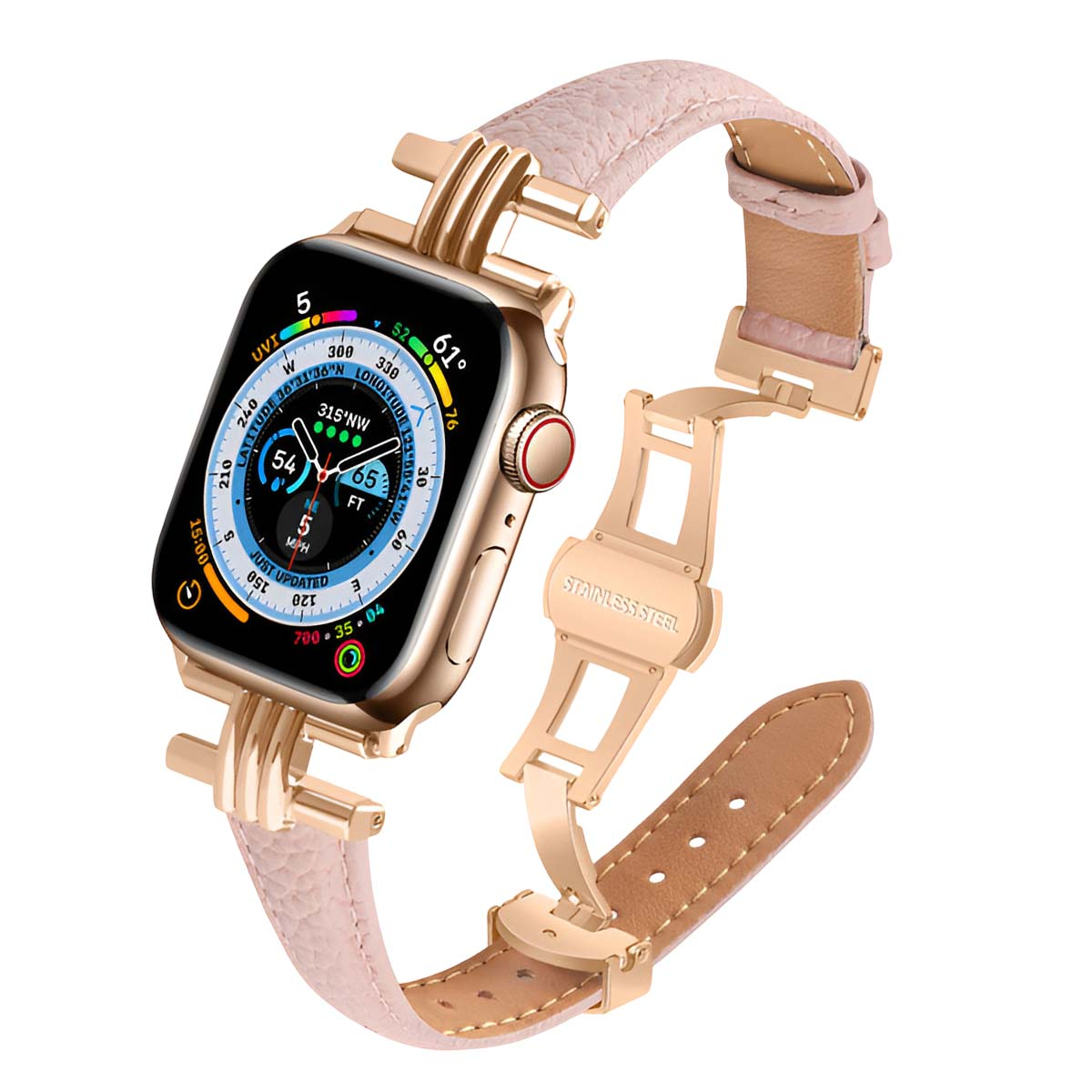 Smartwatch dorato con cinturino in pelle rosa, che mostra dati. La chiusura è aperta. Il quadrante mostra varie metriche.
