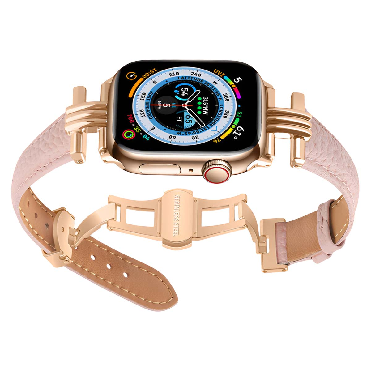 Un Apple Watch dorato con cinturino in pelle rosa è mostrato su sfondo bianco. Il quadrante mostra varie letture di dati.