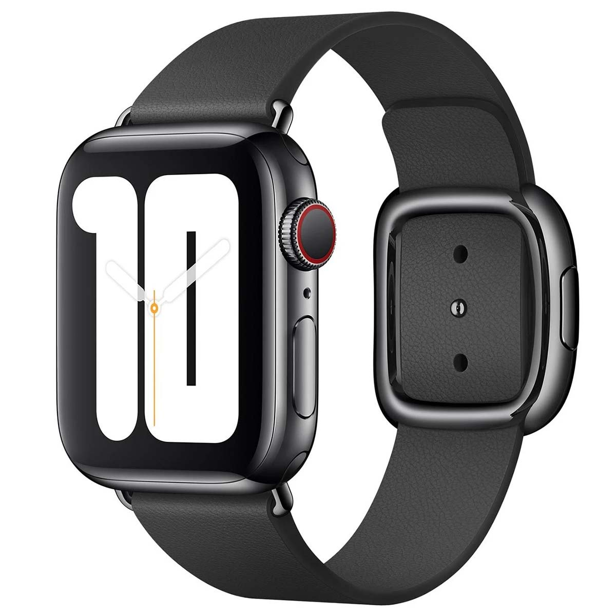 Apple Watch nera con cinturino in pelle nera. Il quadrante mostra il numero 10. Il pulsante laterale ha un anello rosso.