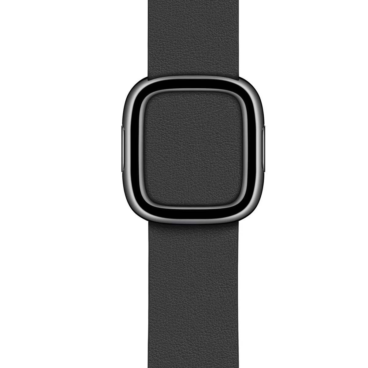 Primo piano di uno smartwatch nero con cinturino in pelle grigio scuro. L'orologio ha un bordo argentato attorno a uno schermo nero.