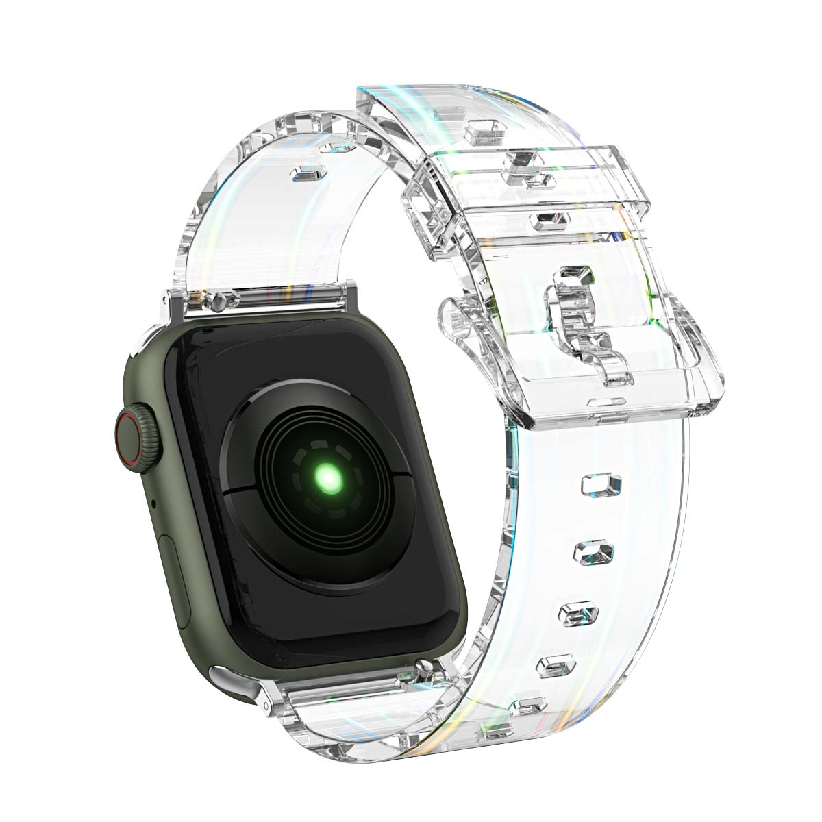 Un Apple Watch con cinturino trasparente. La cassa dell'orologio è verde oliva e lo schermo nero. Il cinturino ha un effetto iridescente trasparente.