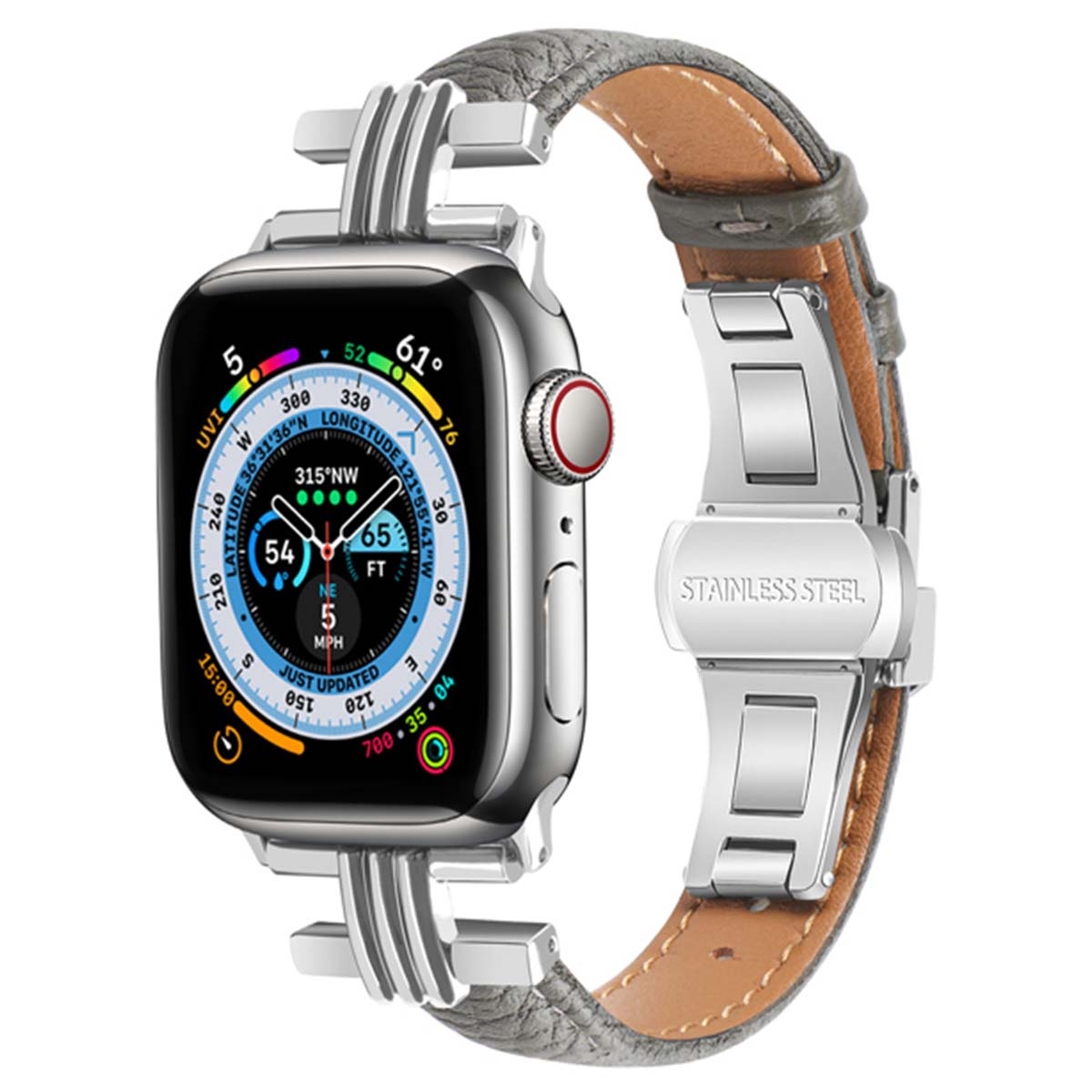 Uno smartwatch argentato con cinturino in pelle grigia mostra dati sul suo schermo. Il cinturino ha una chiusura in acciaio inossidabile.