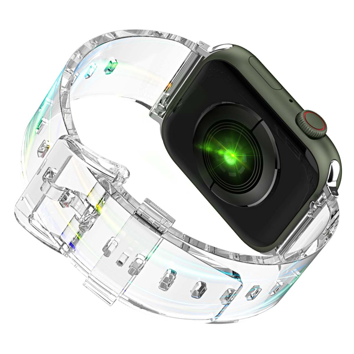 Un Apple Watch con cinturino trasparente. L'orologio ha un corpo verde, uno schermo nero e un pulsante rosso.