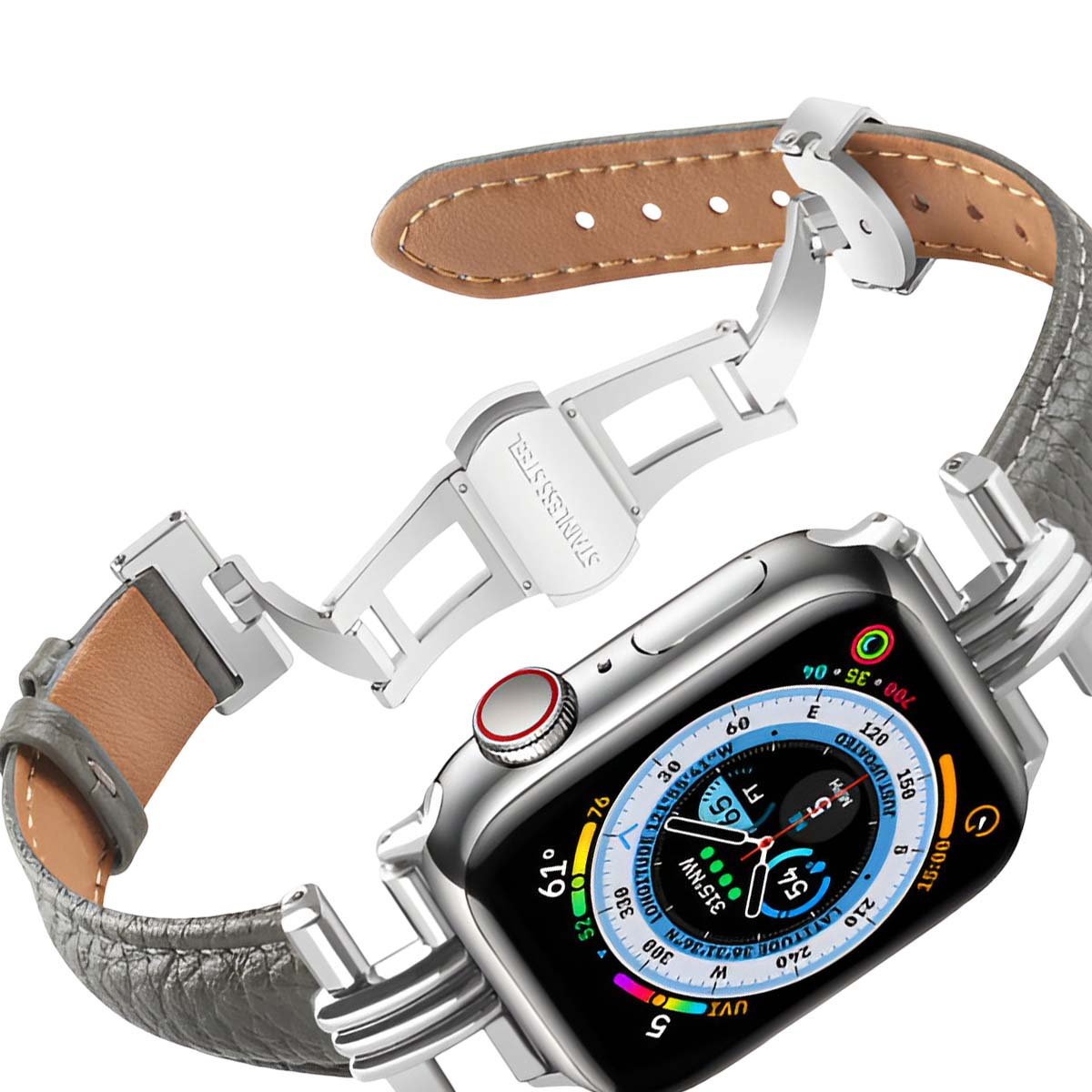 Uno smartwatch argentato con cinturino in pelle grigia. Il quadrante mostra i dati. Il cinturino ha una chiusura in acciaio inossidabile.