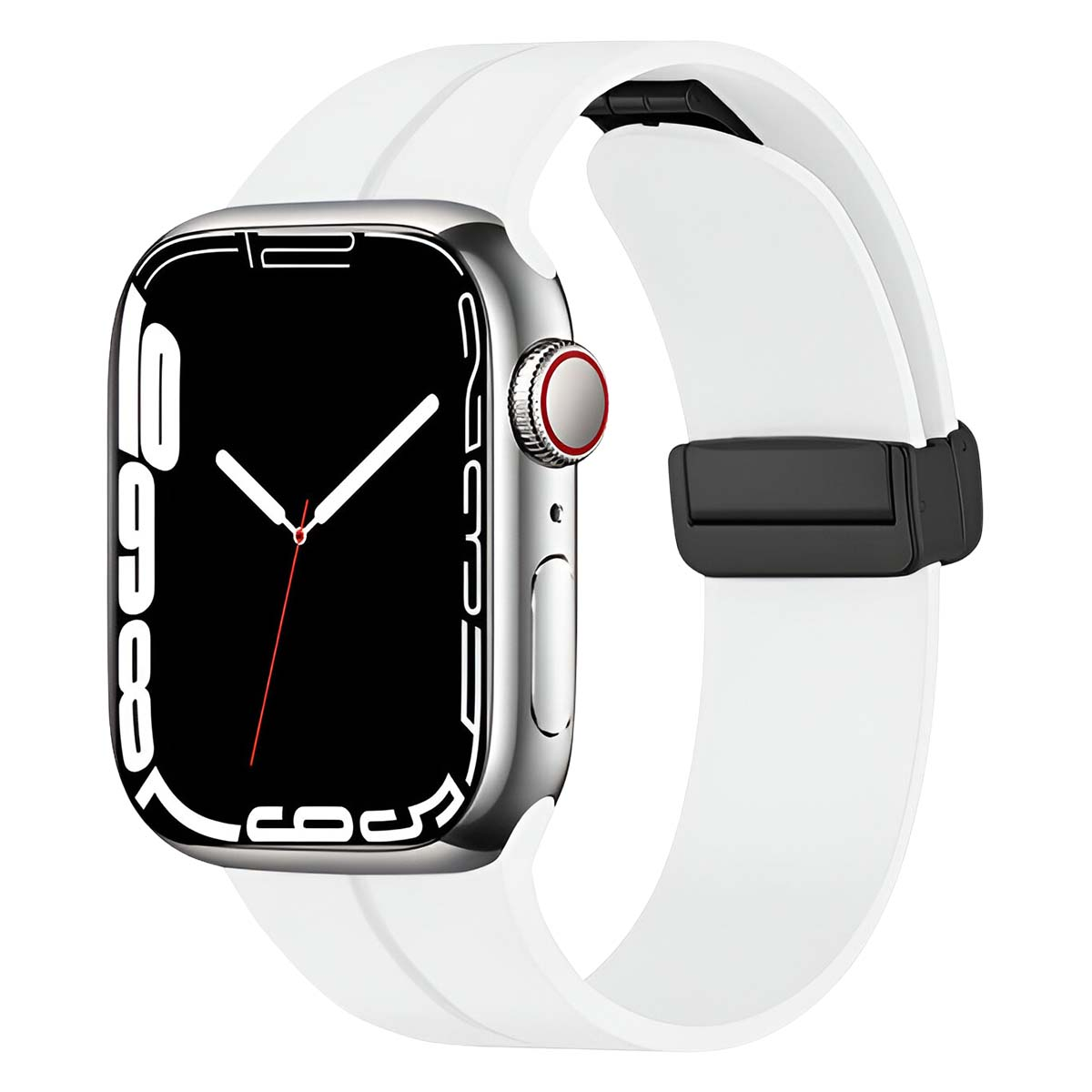 Uno smartwatch argentato con schermo nero e cinturino bianco è in mostra. L'orologio mostra l'ora. Il cinturino ha una chiusura nera.