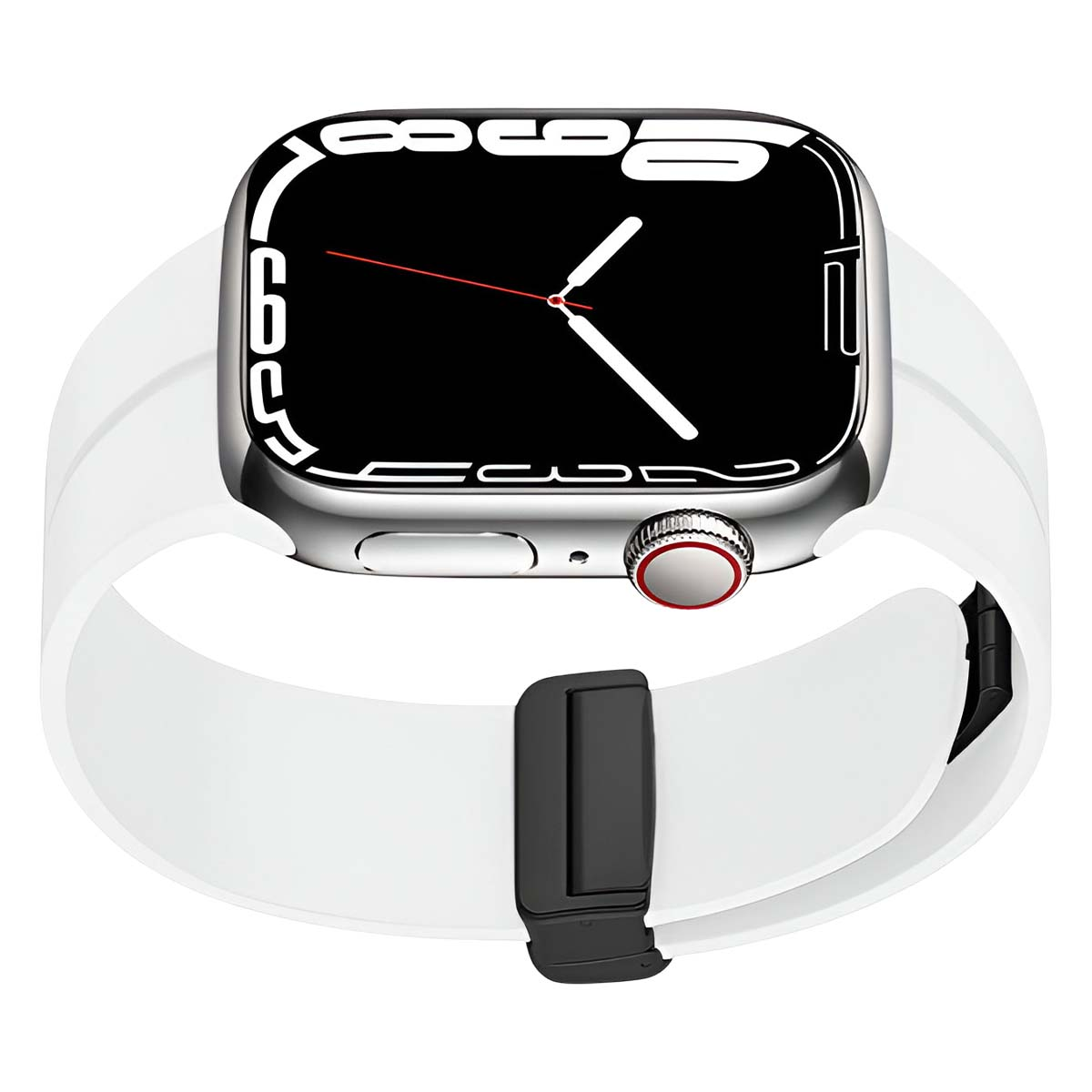 Un Apple Watch bianco con schermo nero che mostra l'ora, un punto rosso laterale e cinturino bianco con chiusura nera.