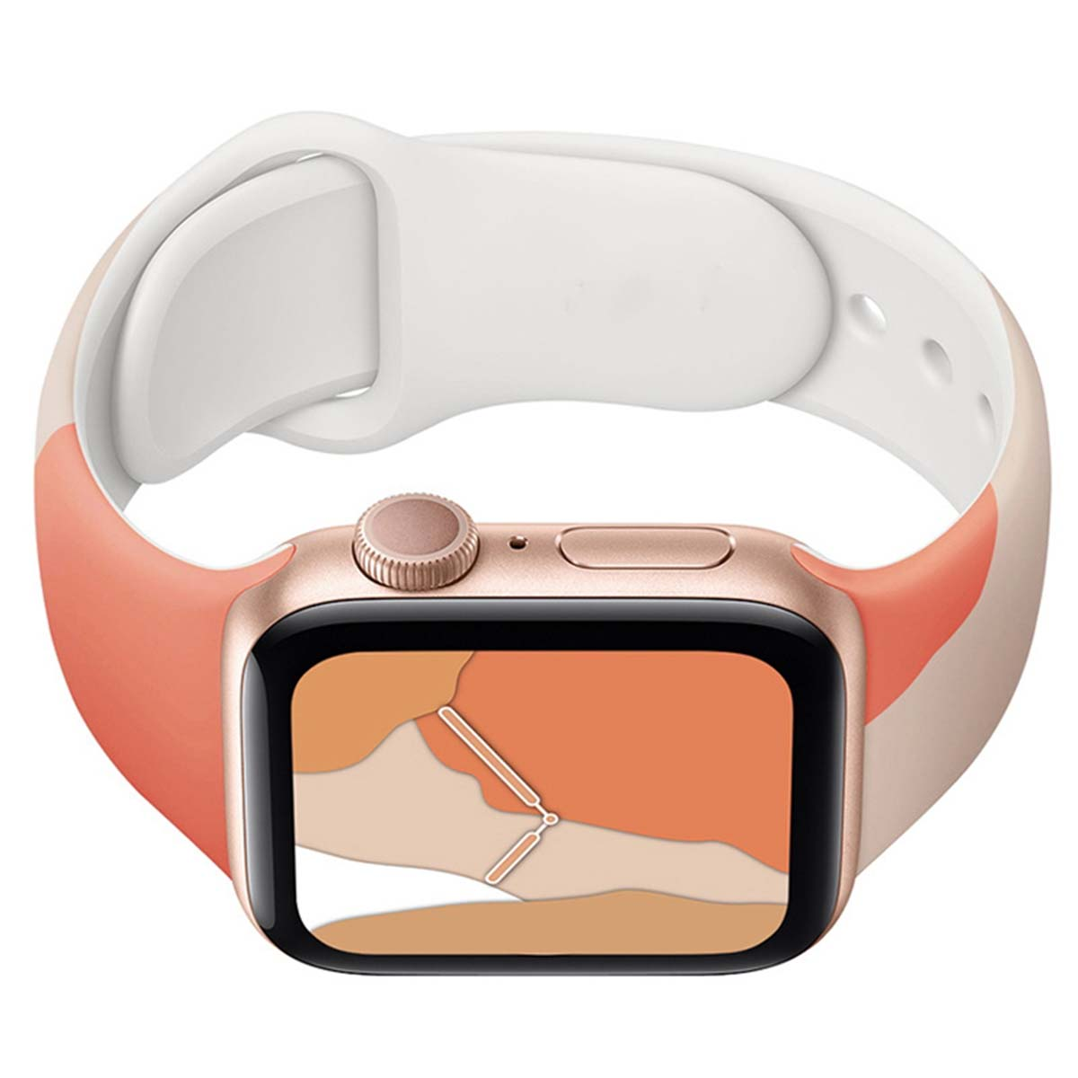Un Apple Watch oro rosa con cinturino pesca e bianco. Il quadrante mostra un design astratto arancione e beige.