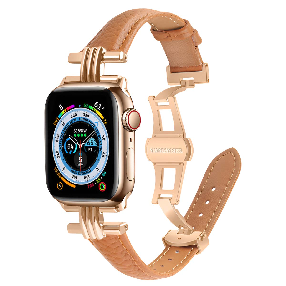 Un Apple Watch dorato con cinturino in pelle marrone. L'orologio mostra varie metriche e le parole 'STAINLESS STEEL' sono visibili.