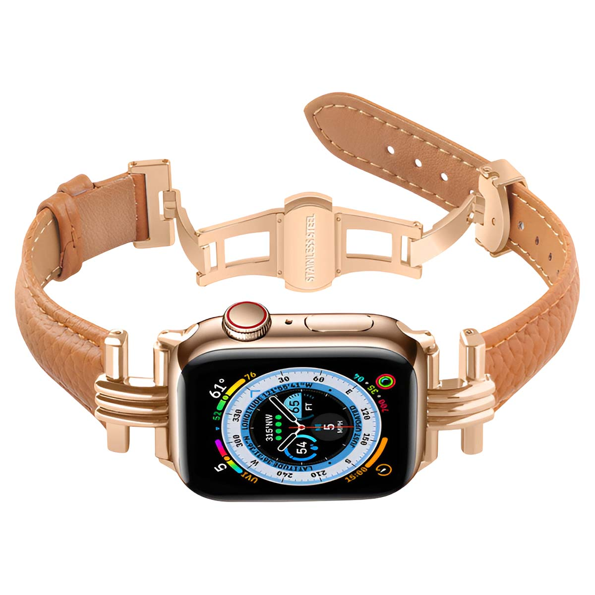 Un Apple Watch con cinturino in pelle marrone. Il quadrante mostra dati. Il cinturino ha una chiusura in acciaio inossidabile.