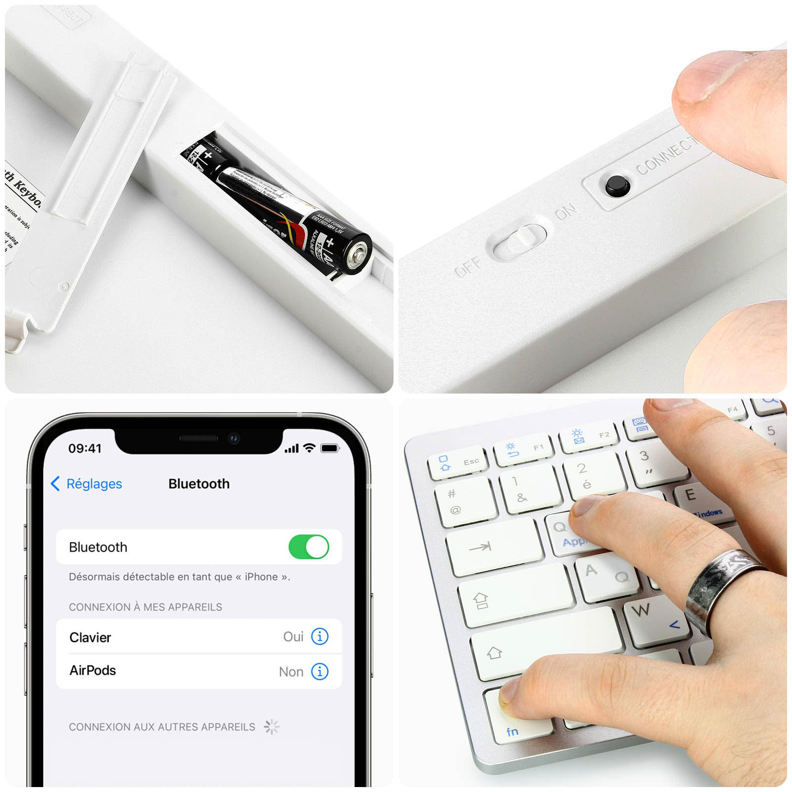 Le immagini mostrano una tastiera, un telefono e una batteria. La tastiera è in uso. Il telefono mostra le impostazioni Bluetooth.