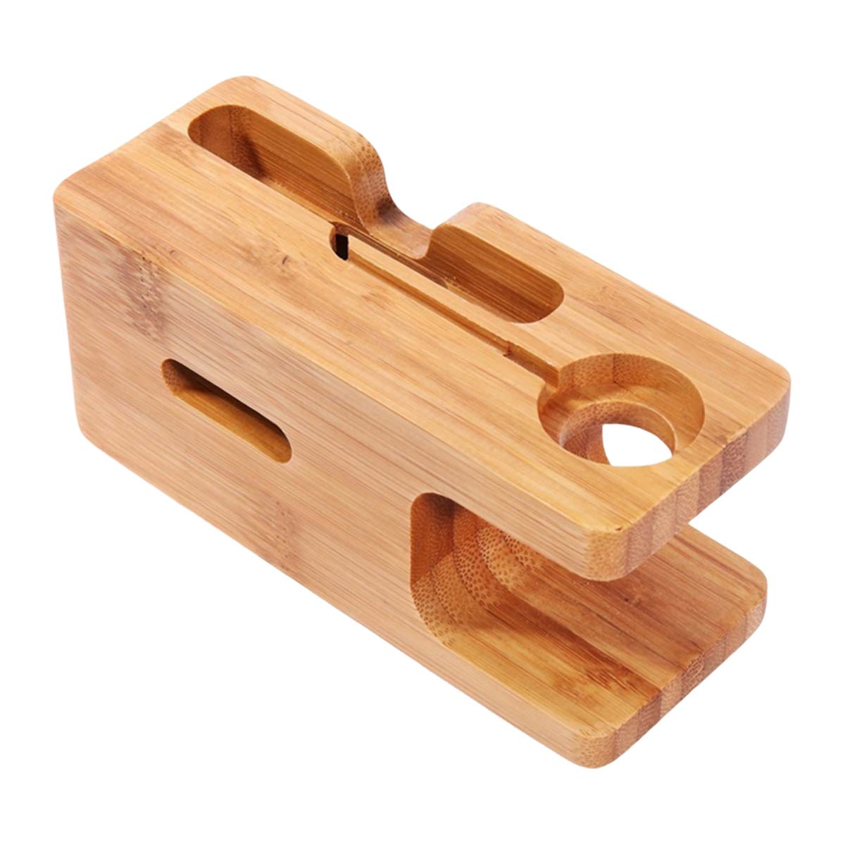 Un support de chargement en bambou pour téléphone et montre. Il a des fentes et des trous pour les appareils.