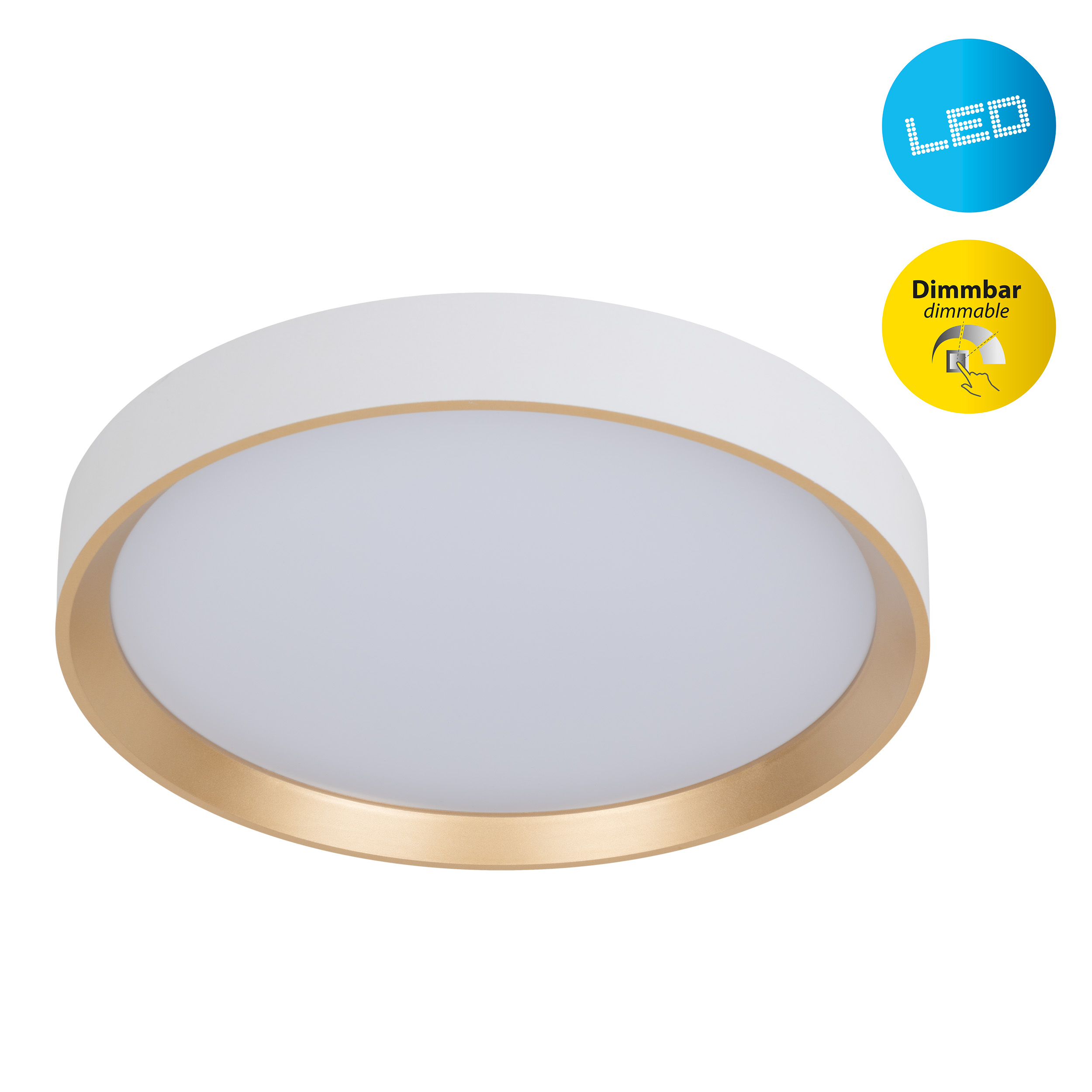 Eine weiße und goldene LED-Deckenleuchte. Sie hat eine runde Form mit zwei kleinen Symbolen: LED und dimmbar.
