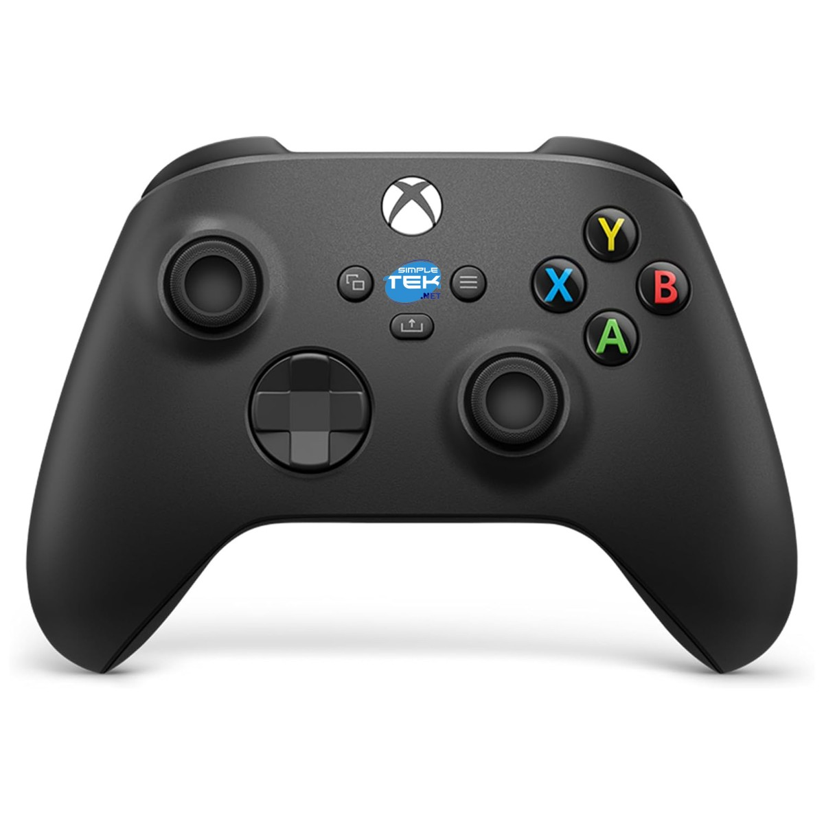 Schwarzer Xbox-Controller mit farbigen Knöpfen. Enthält ein Logo und verschiedene Knöpfe, Joysticks und ein Steuerkreuz.