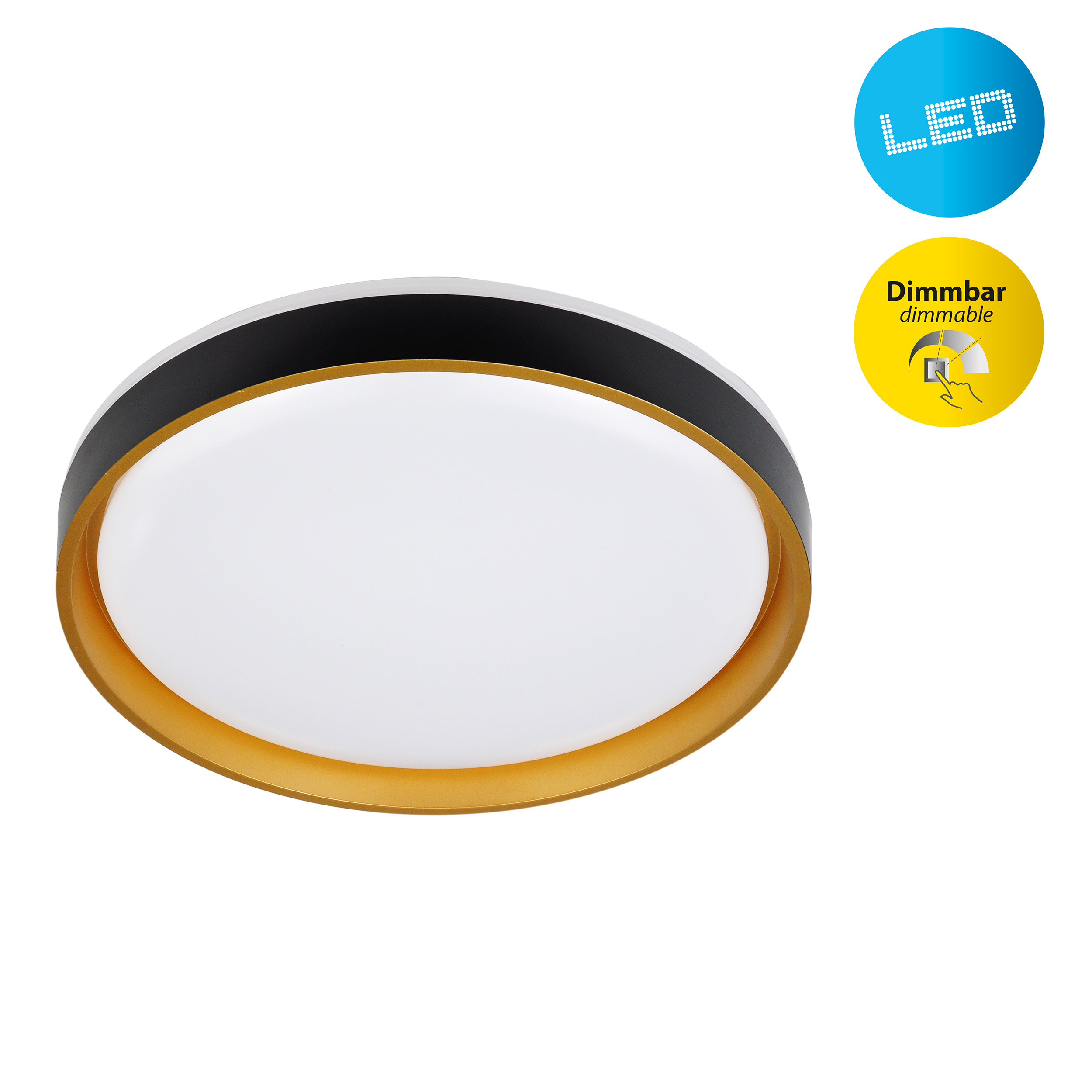 Eine runde LED-Deckenleuchte mit schwarzem und goldenem Rand. Zwei runde Symbole zeigen LED- und Dimmfunktionen.