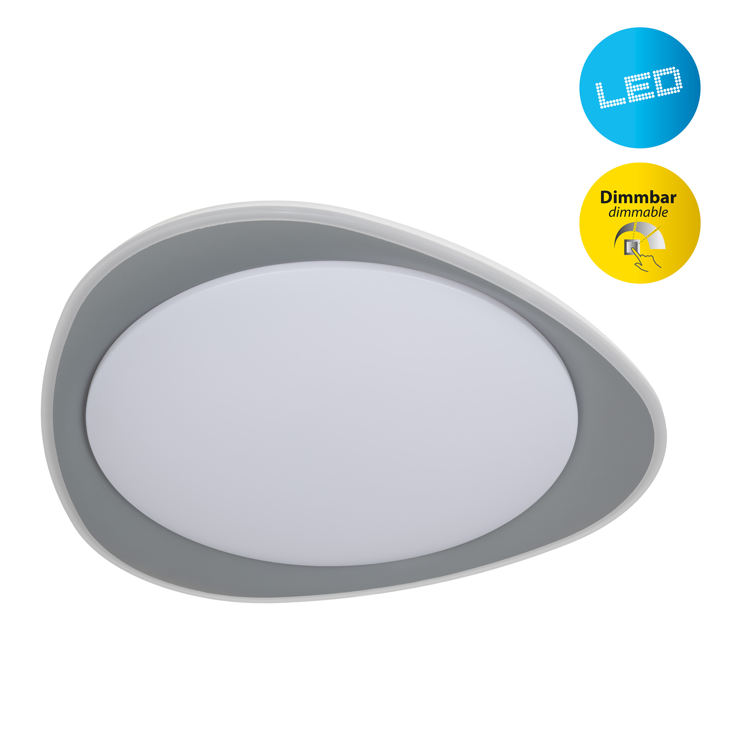 Eine moderne, oval geformte LED-Deckenleuchte. Sie hat eine weiße Mitte, einen grauen Rand und zwei runde Symbole: LED und dimmbar.