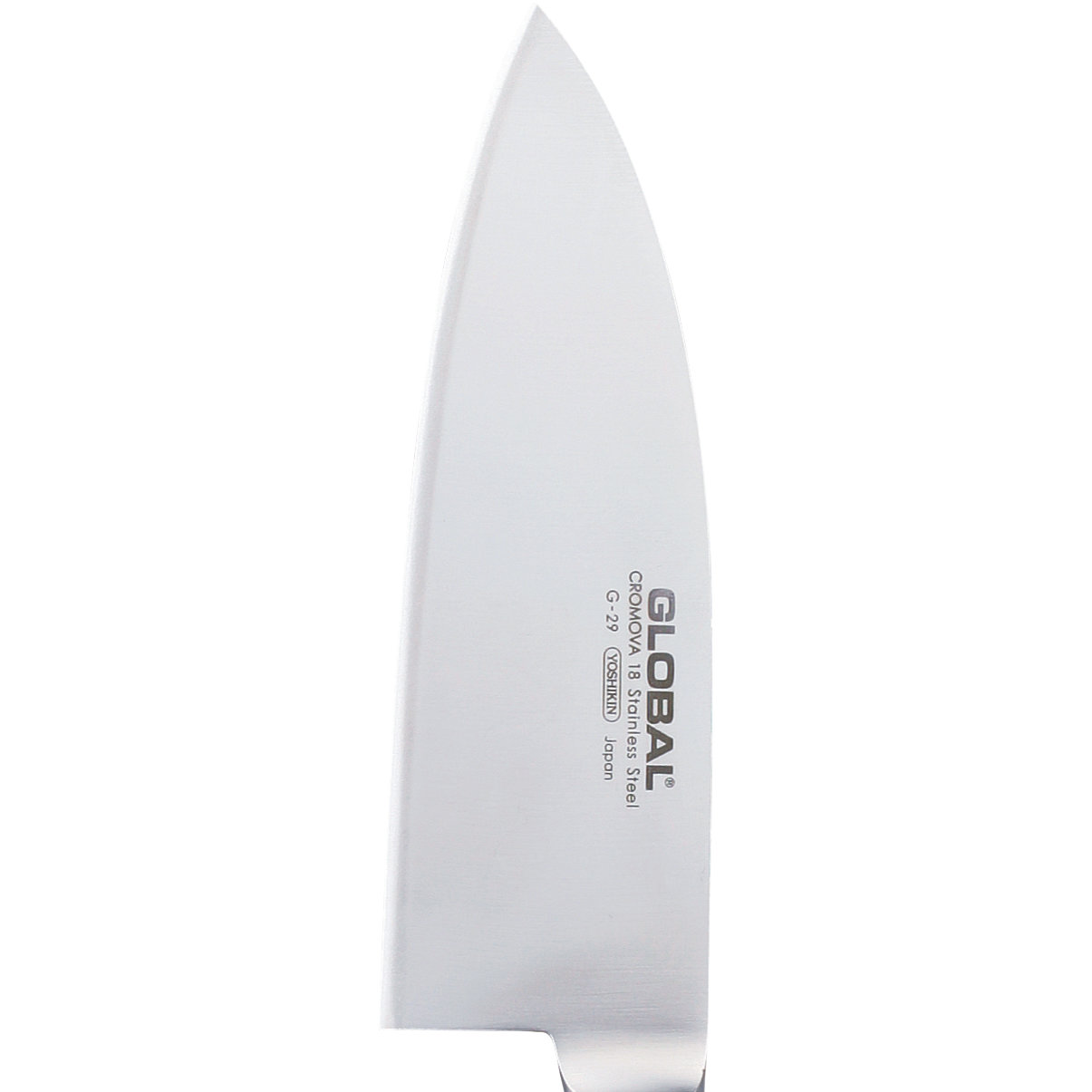 Ein Edelstahl-Kochmesser mit scharfer Klinge, mit dem Text 'GLOBAL' und 'CROMOVA 18 Stainless Steel' sichtbar.
