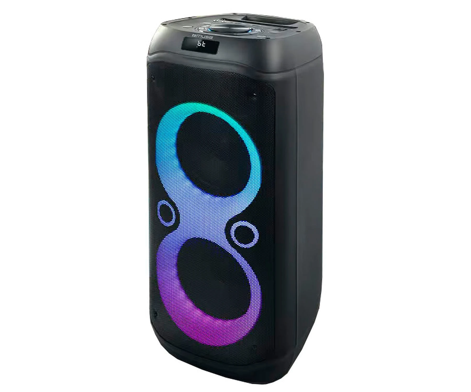 Altoparlante nero con design blu e viola brillante sul davanti. La parte superiore ha controlli e un display.