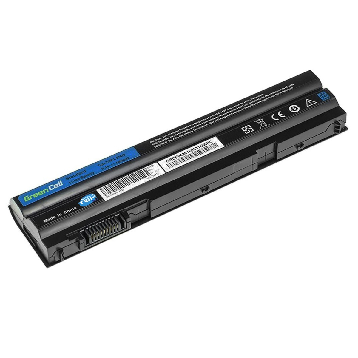 Batteria per laptop con etichette. Nera e blu scuro. Marchio Green Cell. Il testo include informazioni su tensione e modello. Fatto in Cina.